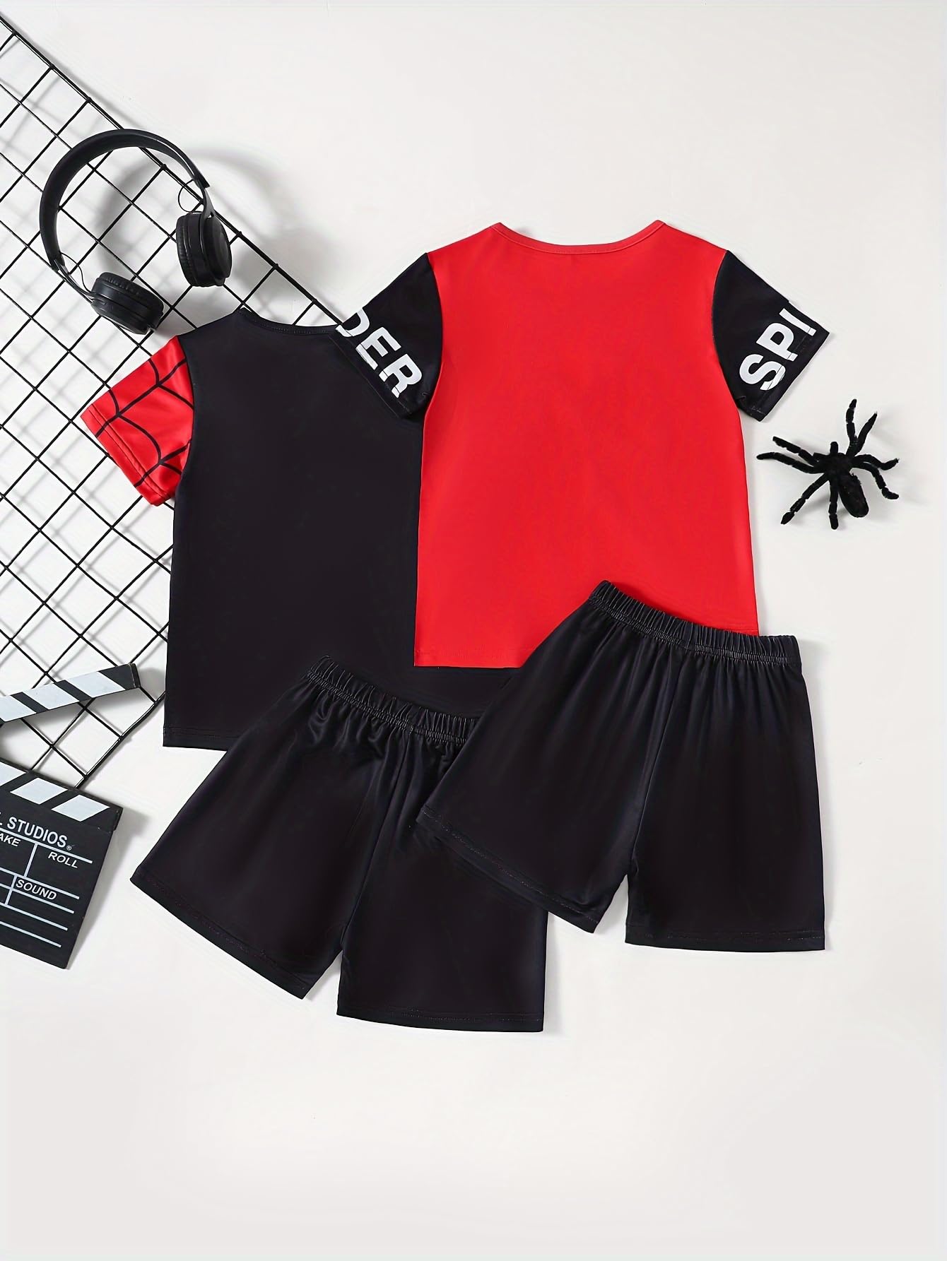 Jolyshlid Boys Shorts Set 4 Pieces Athletic Outfits Short Sleeve Tee Shirt and Summer Shorts Set Black Red 7-8Y