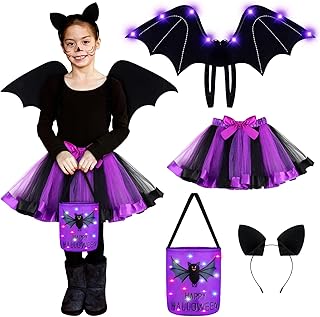 4 Pcs Halloween Bat Costume for Kids Includes Black Bat LED Wing Costume Tutu Skirt Bat Ears Costume Headband Candy Bag Light up Bucket for Kids Purple Cosplay Halloween Costume Accessory