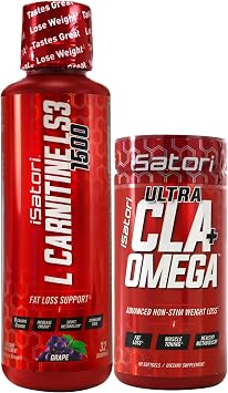iSatori L-Carnitine LS3 Grape 1500mg 32 Servings Ultra CLA 90 Softgels, Liquid L-Carnitine with Acetyl, Omega 3 6 9 Safflower Oil