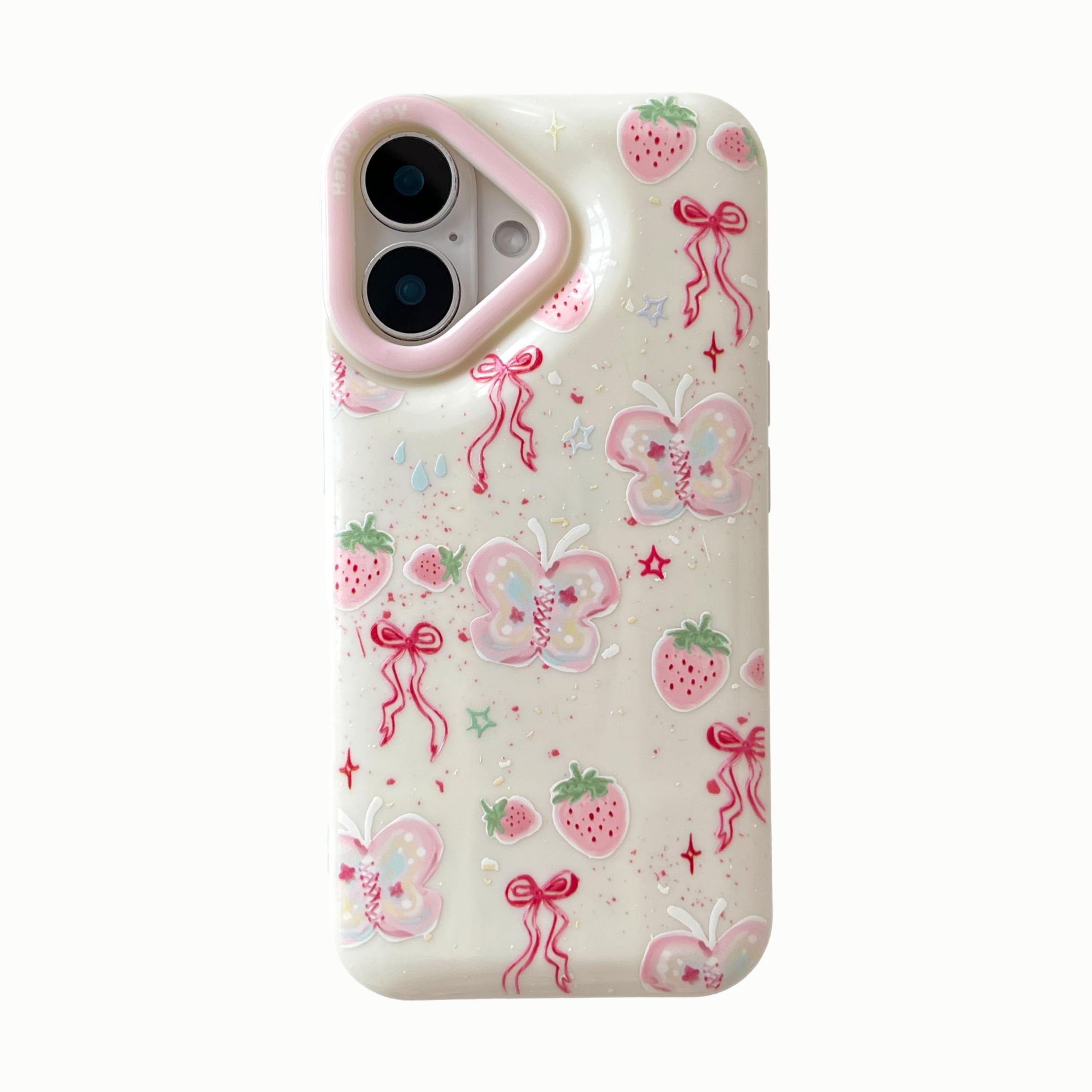 FLIRACON Cute Butterfly Bowknot Strawberry Soft Phone Case Compatible with iPhone Case (White,for iPhone 16 Pro Max)