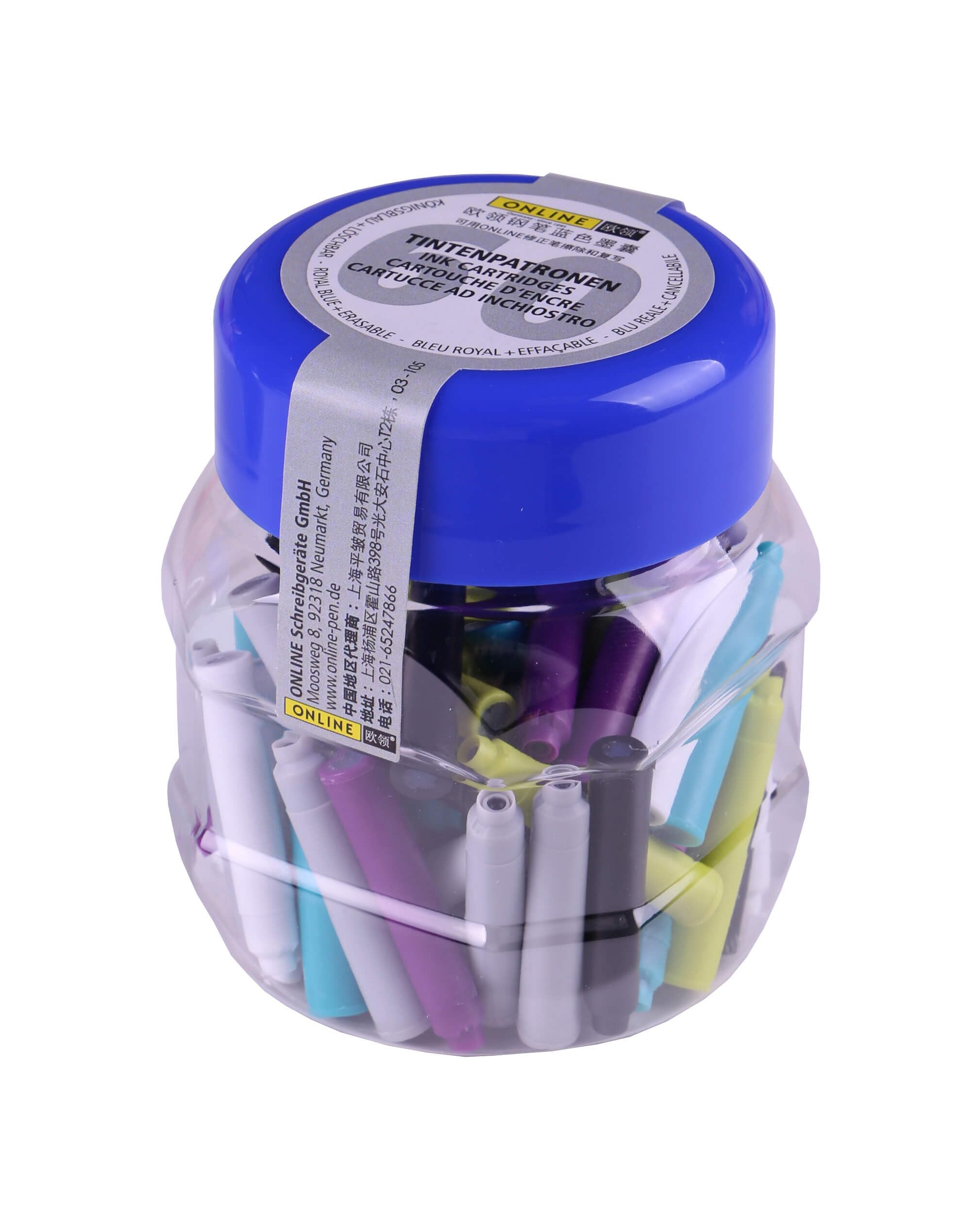 ONLINE Standard Ink cartridges Multicoloured, Universal Fountain Pen and Rollerball Ink, Replacement cartridges for Standard Fountain pens and rollerballs, 60 Pieces, Colour Royal Blue, erasable
