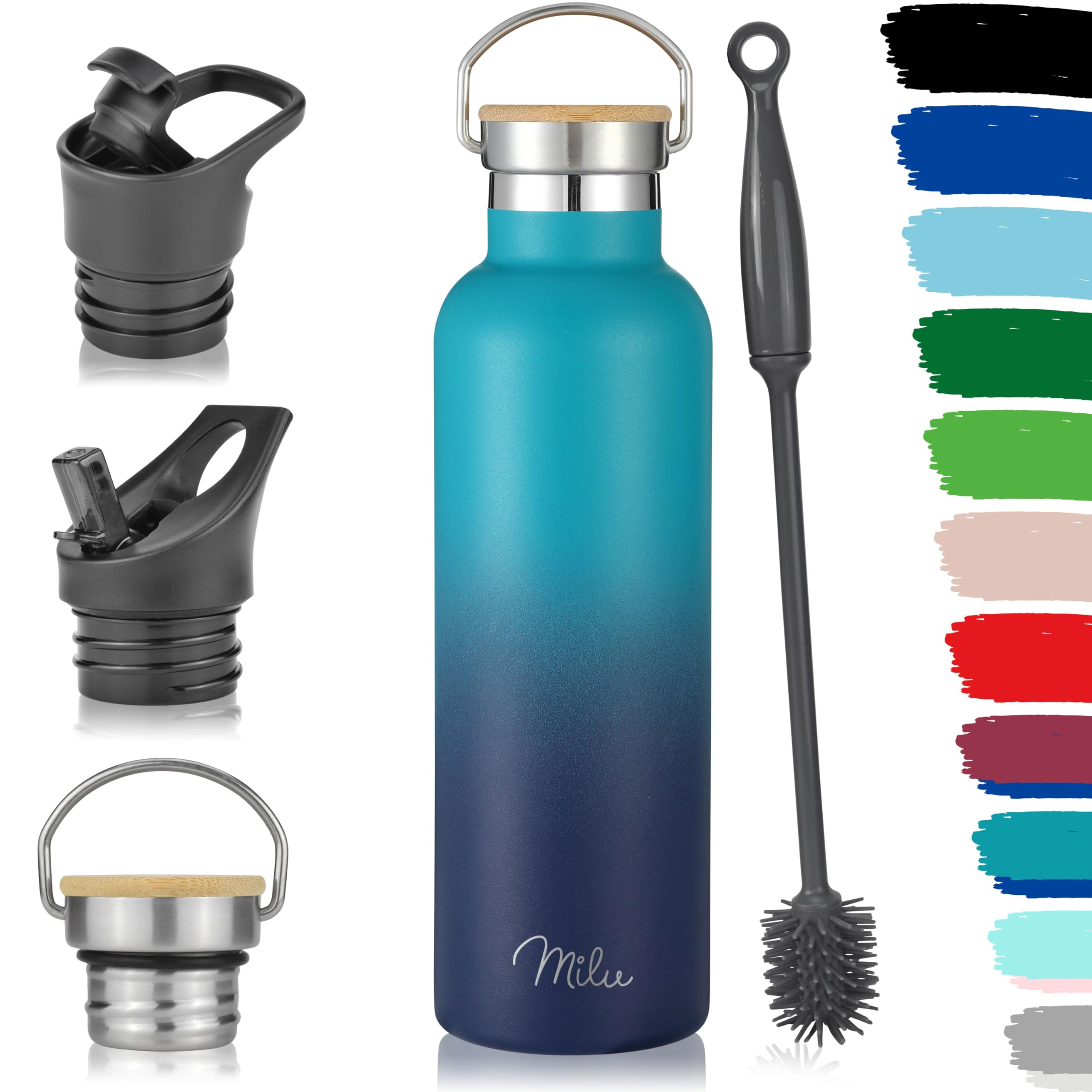 Milu Edelstahl Trinkflasche 500ml, 750ml, 1L (+3 Deckel) - Thermosflasche mit Strohhalm, Isolierte Wasserflasche, Auslaufsichere Isolierflasche doppelwandig, Kohlensäure geeignet (Grün Blau, 750ml)