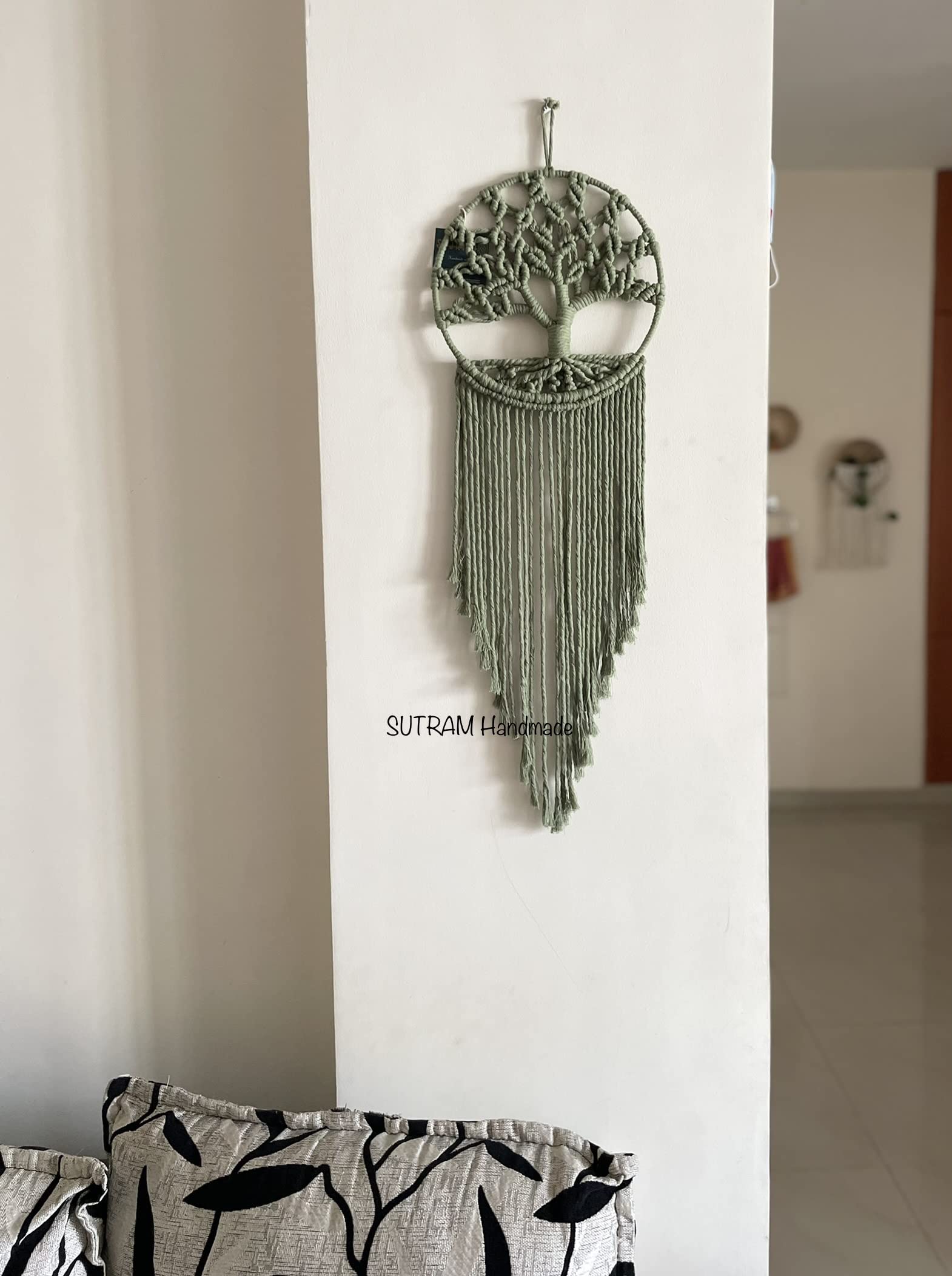 SUTRAM Handmade Boho Macrame Dream Catcher for Home Living Room Office I Macrame Wall Hanging for Home Decoration I 10 Inch (Olive Green)