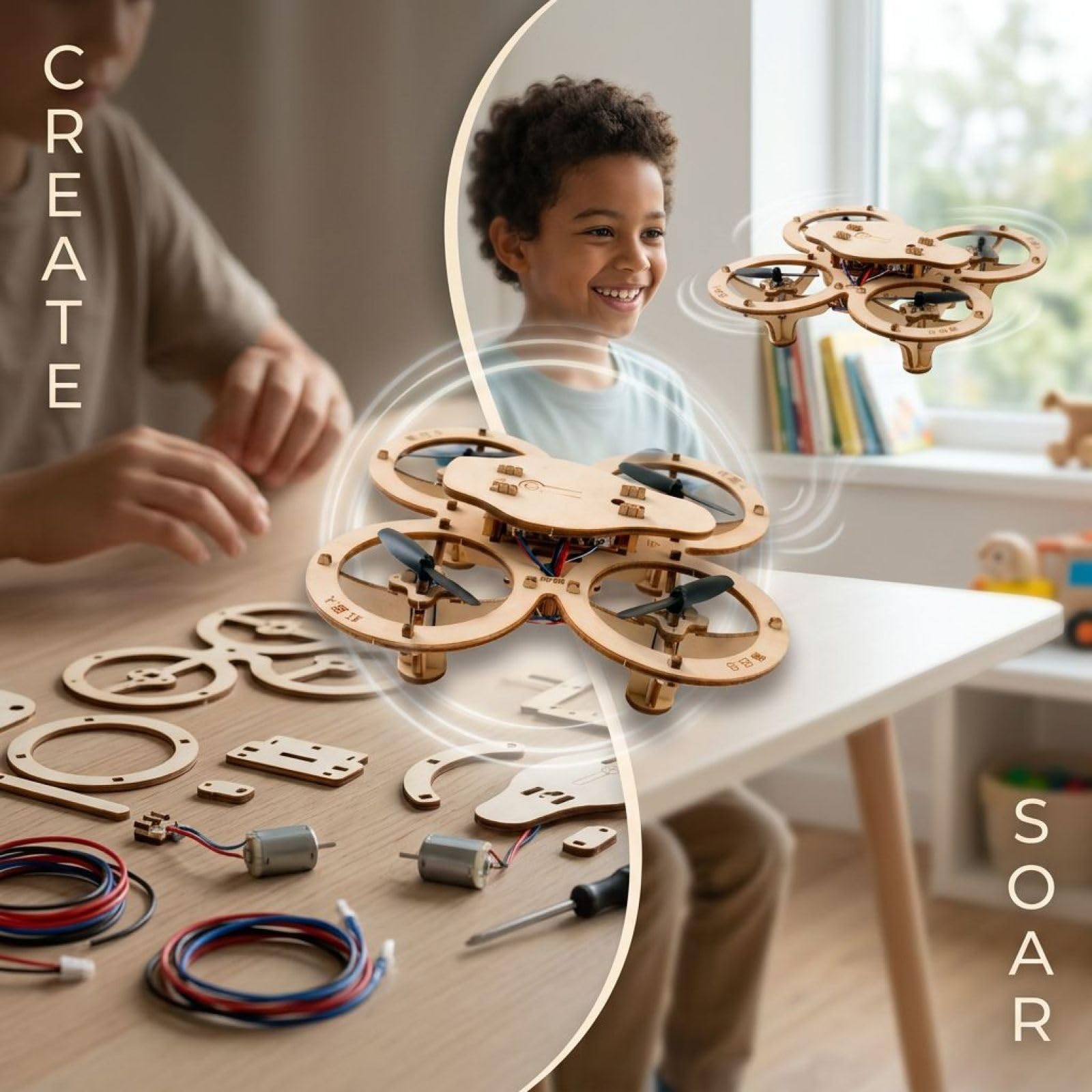 Deskium Holz DIY Quadrocopter Bausatz, leichter RC Quadrocopter, einfacher Aufbau, stabile Fluglage mit fixer Höhe, lehrreiches Modell zum Mitmachen, MINT Projekt für Naturwissenschaften