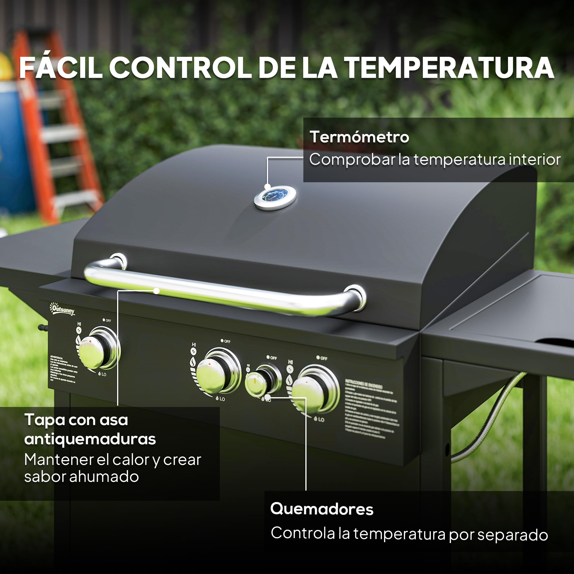 Outsunny Barbacoa de Gas BBQ Gas con 3+1 Quemadores 8,5 kW Barbacoa Portátil con Mesa Lateral Parrilla Termómetro 2 Ruedas Recogedor de Grasa para Exterior Jardín Camping Negro