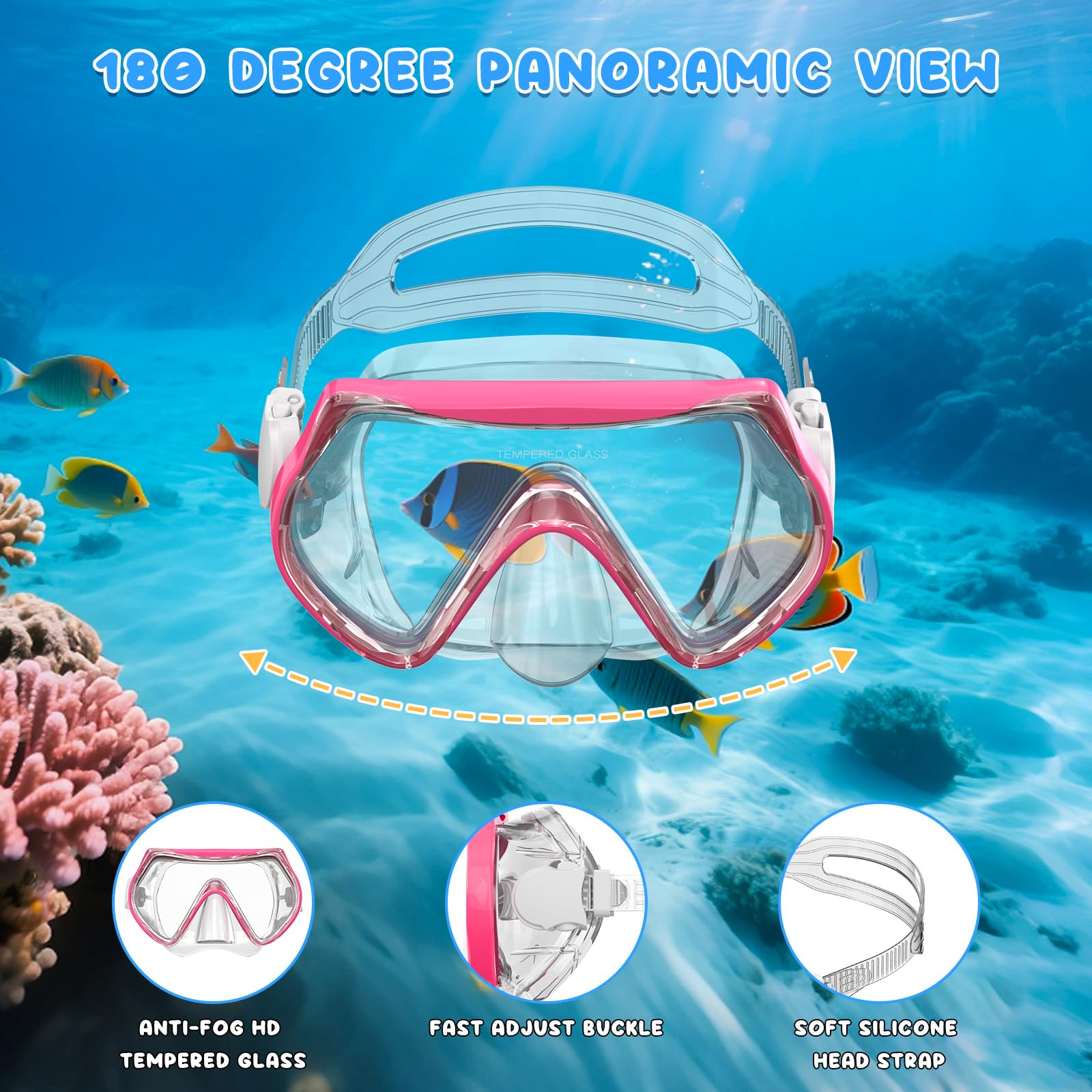 Sprzęt do snorkelingu dla dzieci, zestaw do nurkowania dla dzieci w wieku 6-14 lat, zestaw masek dla dzieci, okulary do pływania, maska do nurkowania, zestaw kombi, ochrona przed zaparowaniem, widok