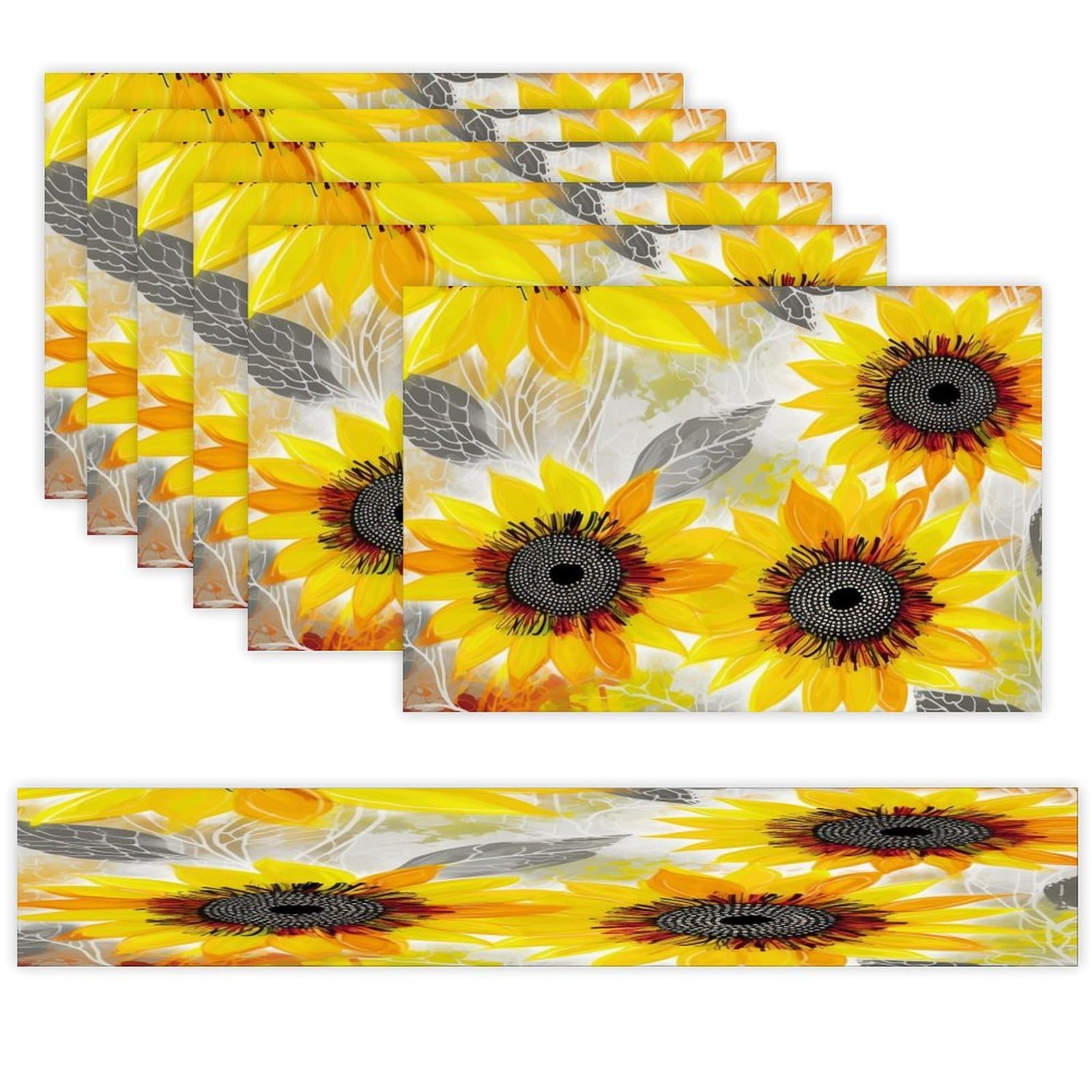Abstract Sunflowers_75091425 Table Runner and Placemats Set of 6 Wipe Clean Heat Resistant Table Mat with Table Runner Decorations Flax Linen Place Mat Set for Home Kitchen Party Supplies