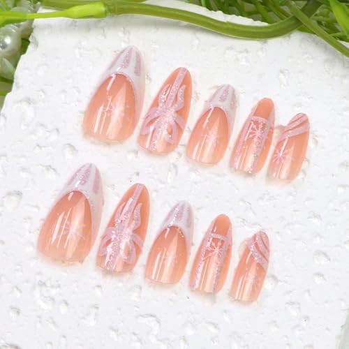 Miniatura 54 de Uñas postizas medianas a presión con lazos 3D, diseño de diamantes de imitación, punta francesa, pegamento brillante en las uñas acrílicas blancas