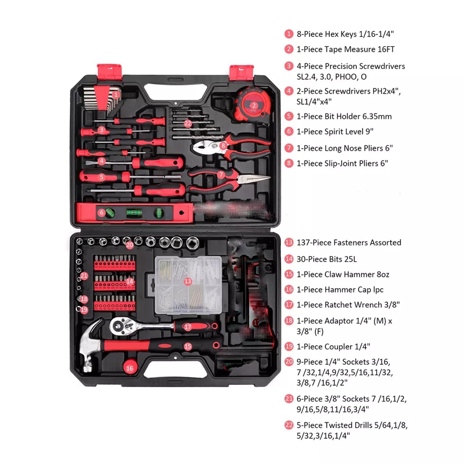 Kit de herramientas manuales profesionales de 226 piezas, juego completo de herramientas de bricolaje y mecánicas con estuche resistente para reparaciones de hogar, garaje y taller