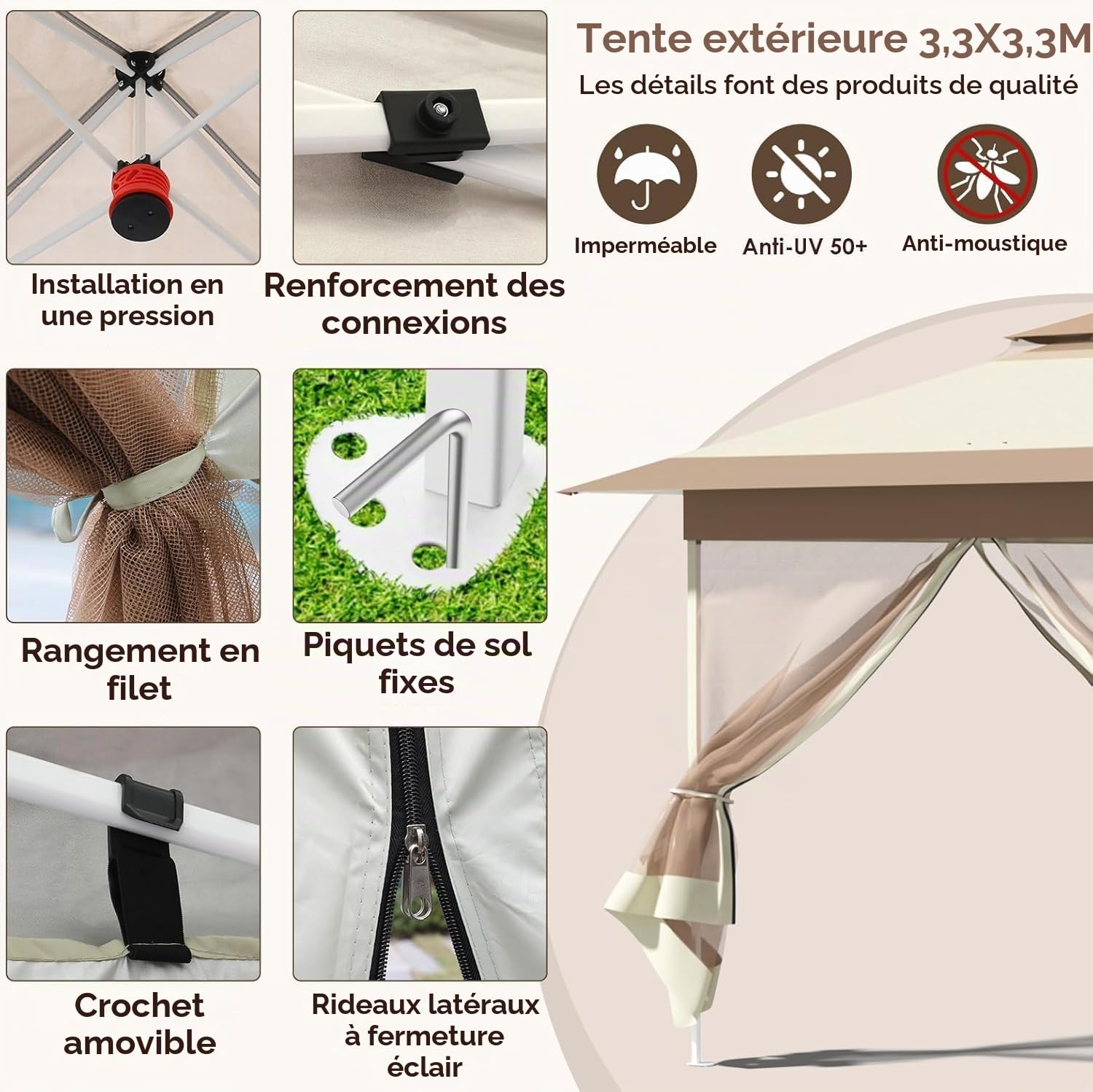 Tonnelle Pliante 3,3 x 3,3 m imperméable,avec 4 Toiles Moustiquaires, One Push Tonnelle de Jardin,Tente de fête à Double Toit, 4 Sacs de Sable, pour terrasse/marché/Camping/Plage, Marron Kaki