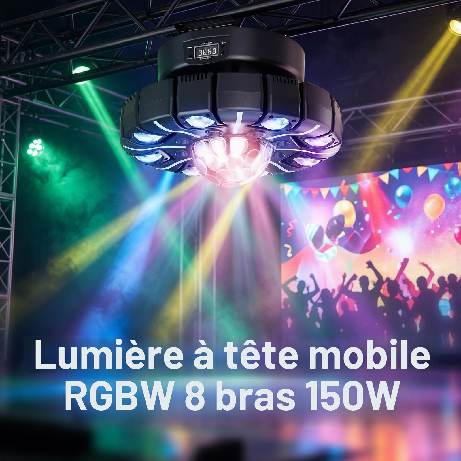 150W Lyre LED Lumière de Scène Mobile avec Télécommande, 8 bras Faiscea RGBW LED Jeux de Lumiere Boule Disco avec Motif Stroboscope DMX512 Contrôle du Son pour Bar DJ Mariages Concerts