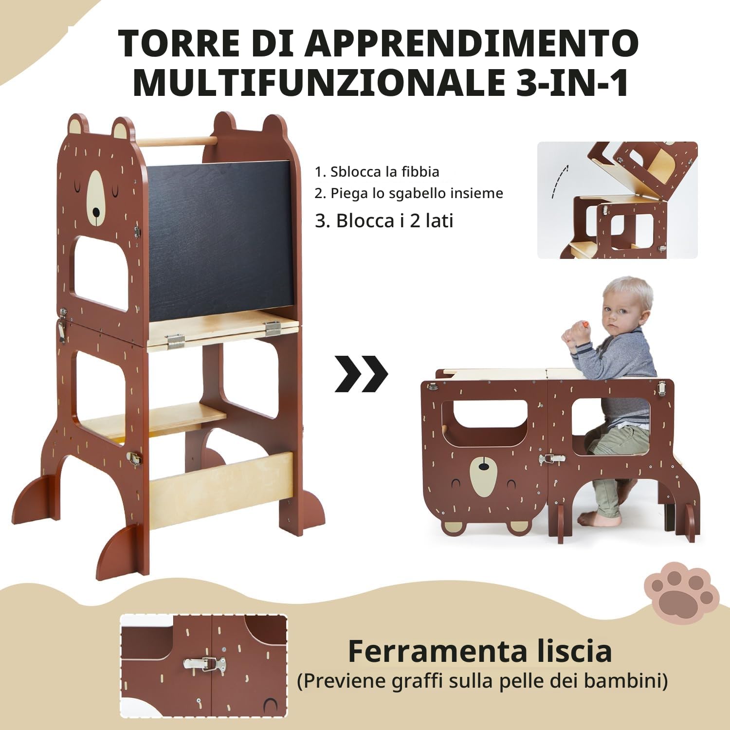 Labebe Torre Montessoriana Pieghevole in Legno 3 w 1 z Lavagna Orso Bruno