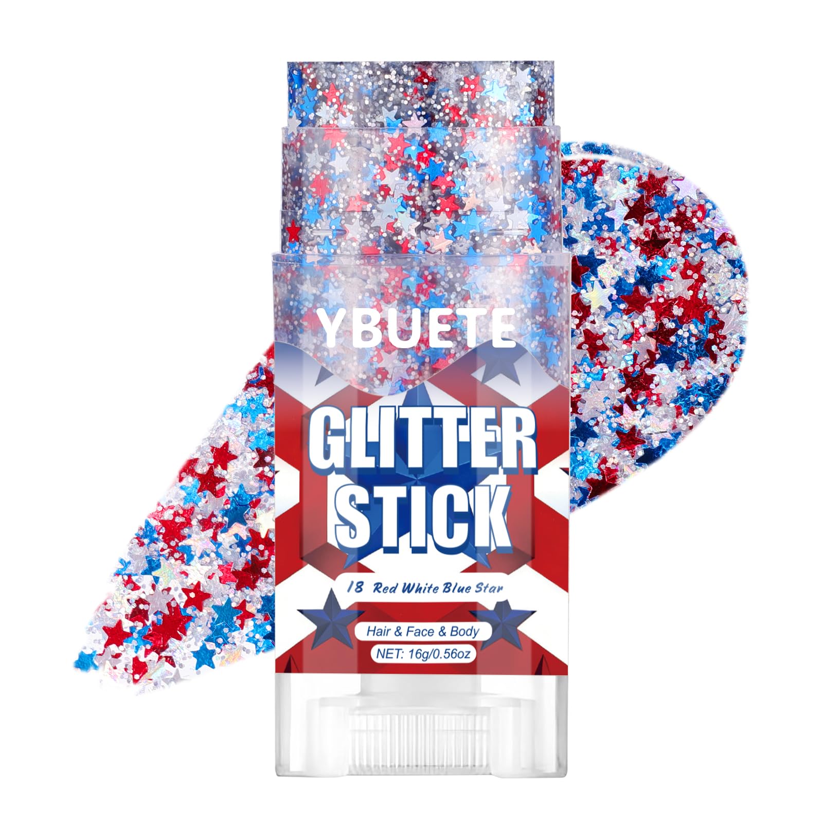 YBUETE Red White Blue Star Face Body Glitter Stick, 4th of July Glitter, Patriotic Makeup USA Flag Accessory for Independence Day, Memorial Day, Veterans Day, Sparkling Makeup for Adult