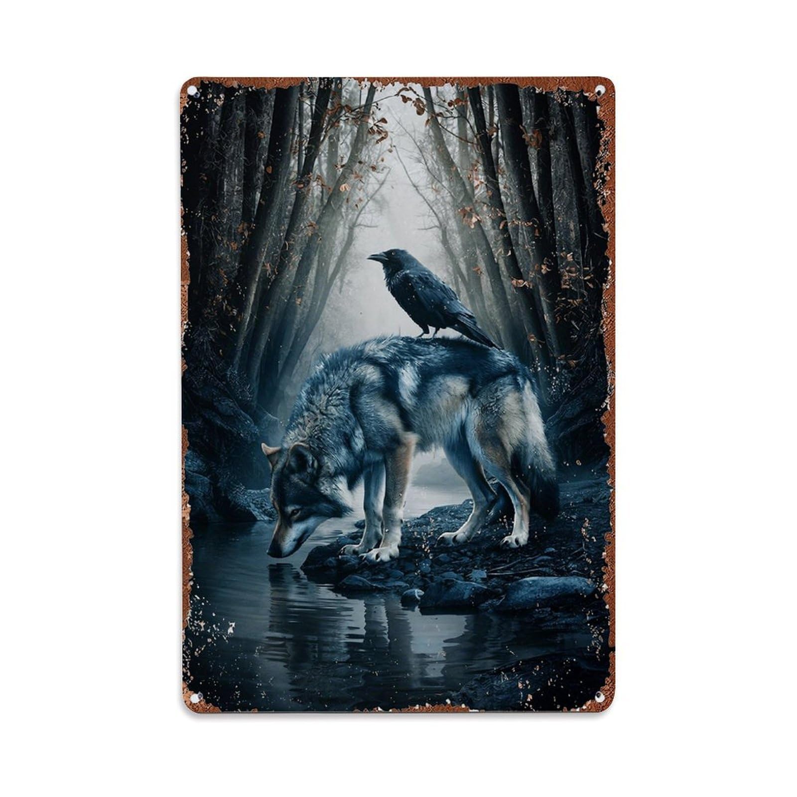Wolf And Raven Forest Scene Tin Sign Metal Poster Vintage Metal Signs for Home Man Cave Bar Cafe Kitchen laundry room Wall Decorations Gift 8x12Inch