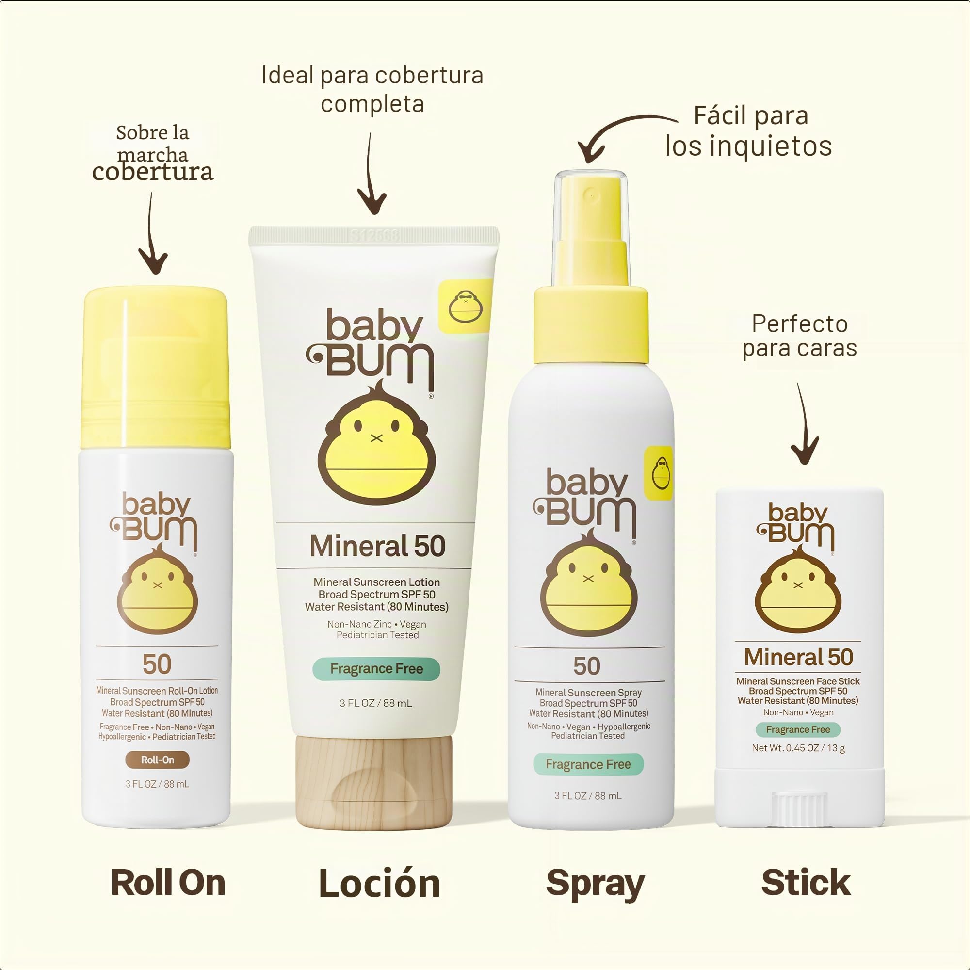 Sun Bum Baby Bum SPF 50 - Protector solar en aerosol mineral UVA/UVB, protección facial y corporal para pieles sensibles, sin fragancia, tamaño de viaje, 3 onzas líquidas