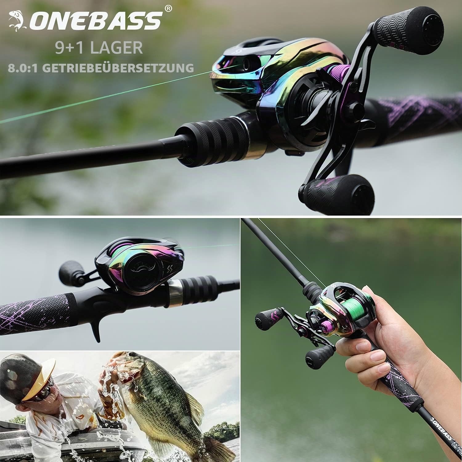 One Bass Angelrute und Angelrolle, Baitcasting-Kombination mit SuperPolymer-Griff, Schwarz