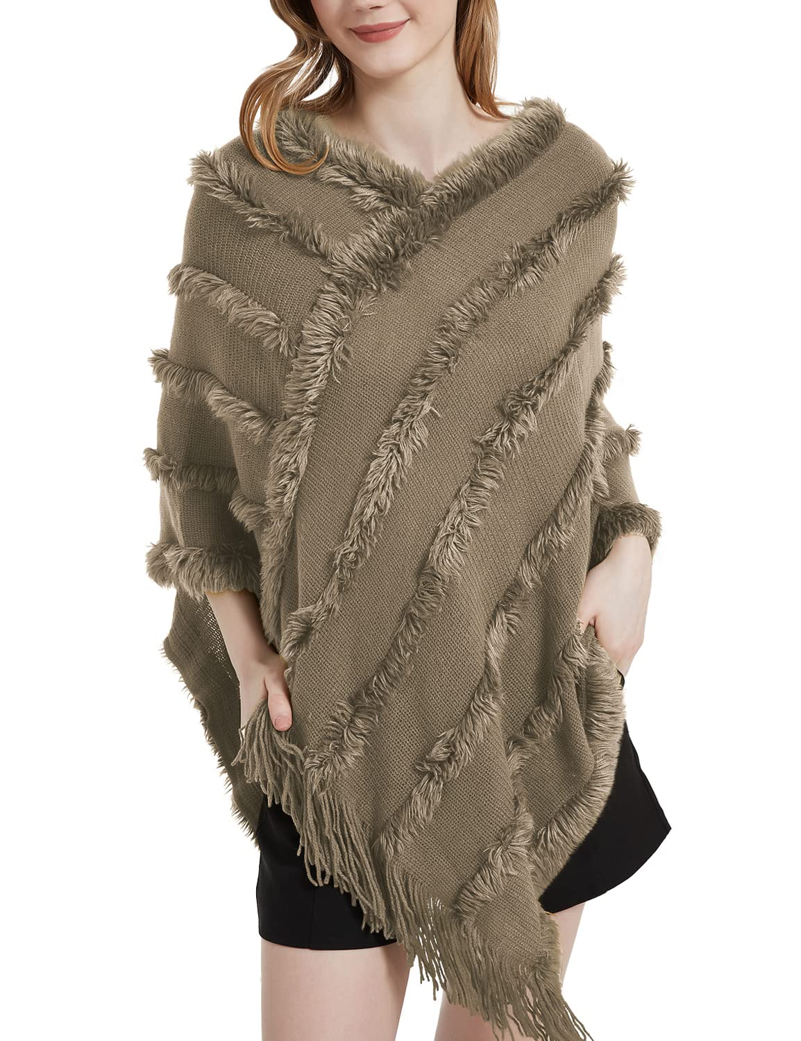 JFAN Poncho Donna Invernale Mantella Scialle in Maglia con Scollo a V Peluche Leggero Coprispalle Donna Elegante