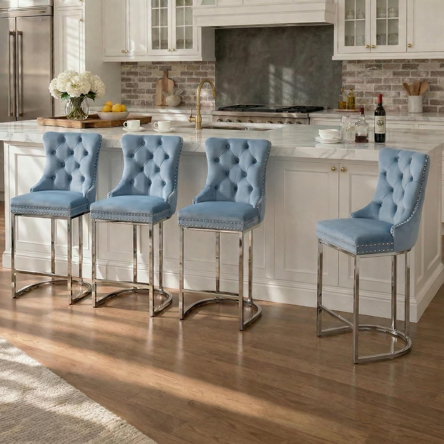 25" Velvet Counter Height Bar Stools Set of 4, Tufted Upholstered Kitchen Counter Stools with High Back, Nailhead Trim, Chrome Metal Legs, Modern Light Blue Bar Chairs for Dining Room, Pub, Island