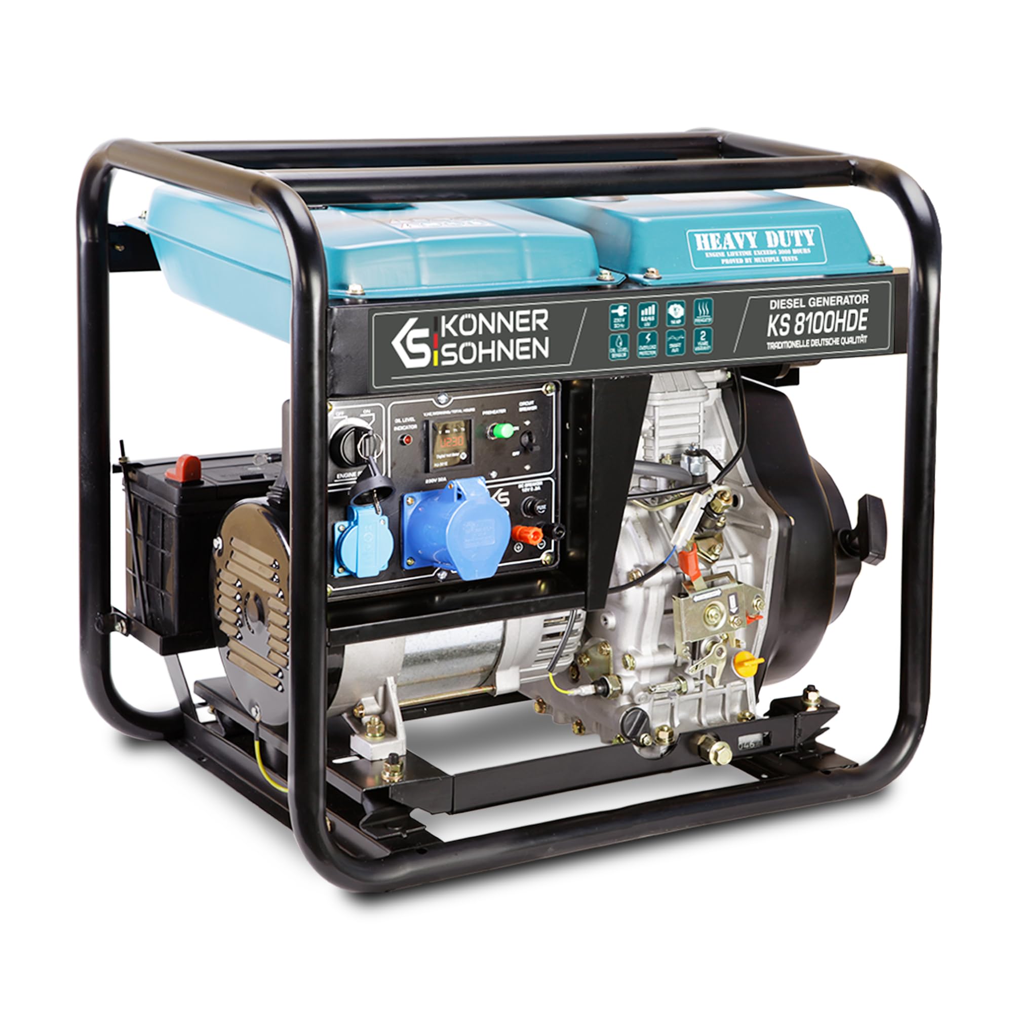 Könner & Söhnen KS 8100HDE Generador de corriente, 14 CV, motor diésel de 4 tiempos, arranque electrónico, precalentador, AVR ,1 x 16 A, 1 x 32 A (230 V) generador 6 kW