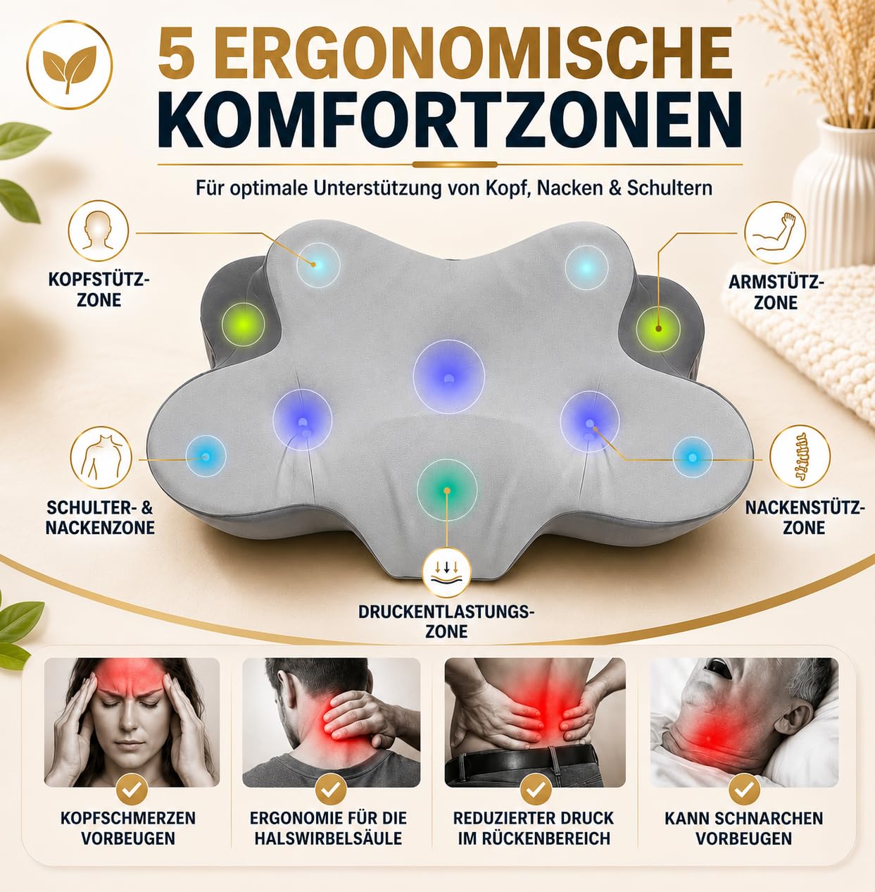 Ergonomisches Kopfkissen & Nackenstützkissen – Orthopädisches Nackenkissen [TESTSIEGER] Memory Foam gegen Nackenschmerzen & Schnarchen, Kopfkissen für Seiten-, Rücken- & Bauchschläfer