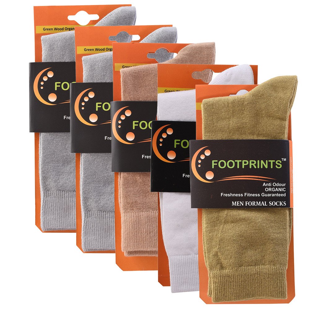 footprints Organic Cotton and Bamboo Men's Formal Socks Pack of 5 -(2 Grey, 1Beige, 1White, 1Khakhi)-picture-55