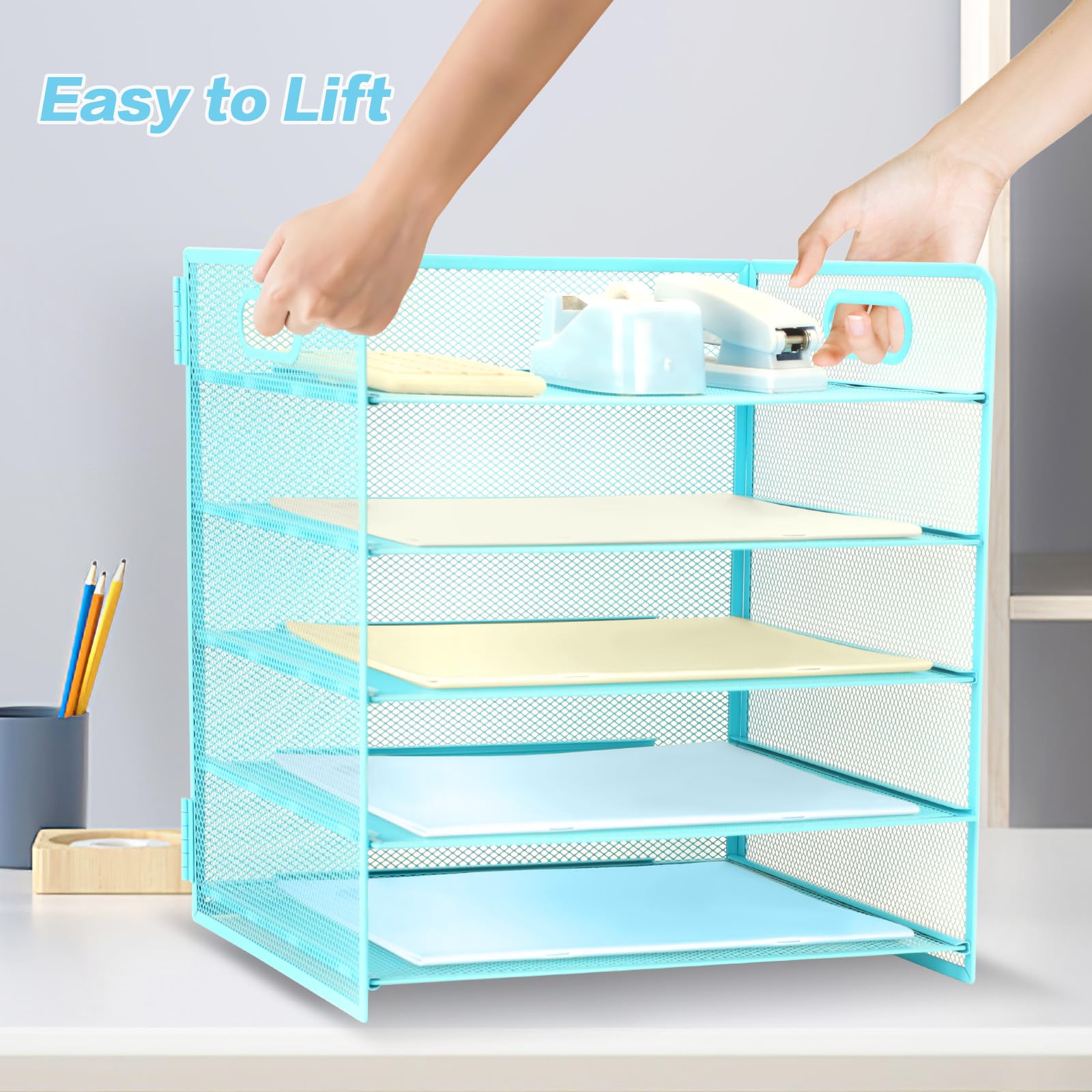 Organizador de papel de 5 niveles, bandeja de malla para cartas, revistas, archivos, almacenamiento para oficina, escuela, hogar, color azul