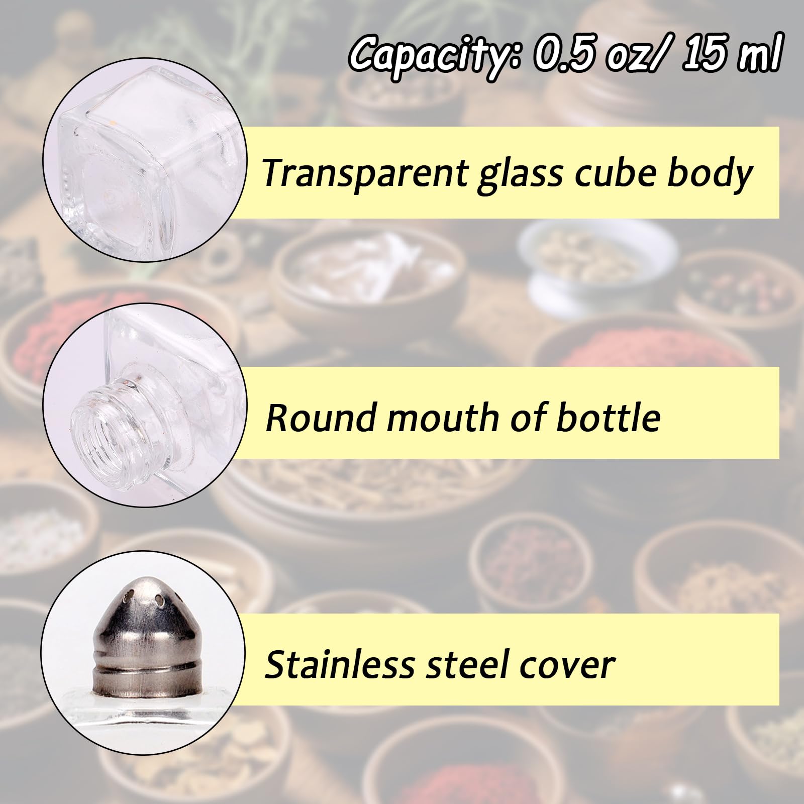 100 mini saleros y pimenteros, tarros de condimentos de vidrio a granel de 0.5 onzas, recipiente pequeño de vidrio para especias con tapa de acero inoxidable para viajes, hogar, campamento,