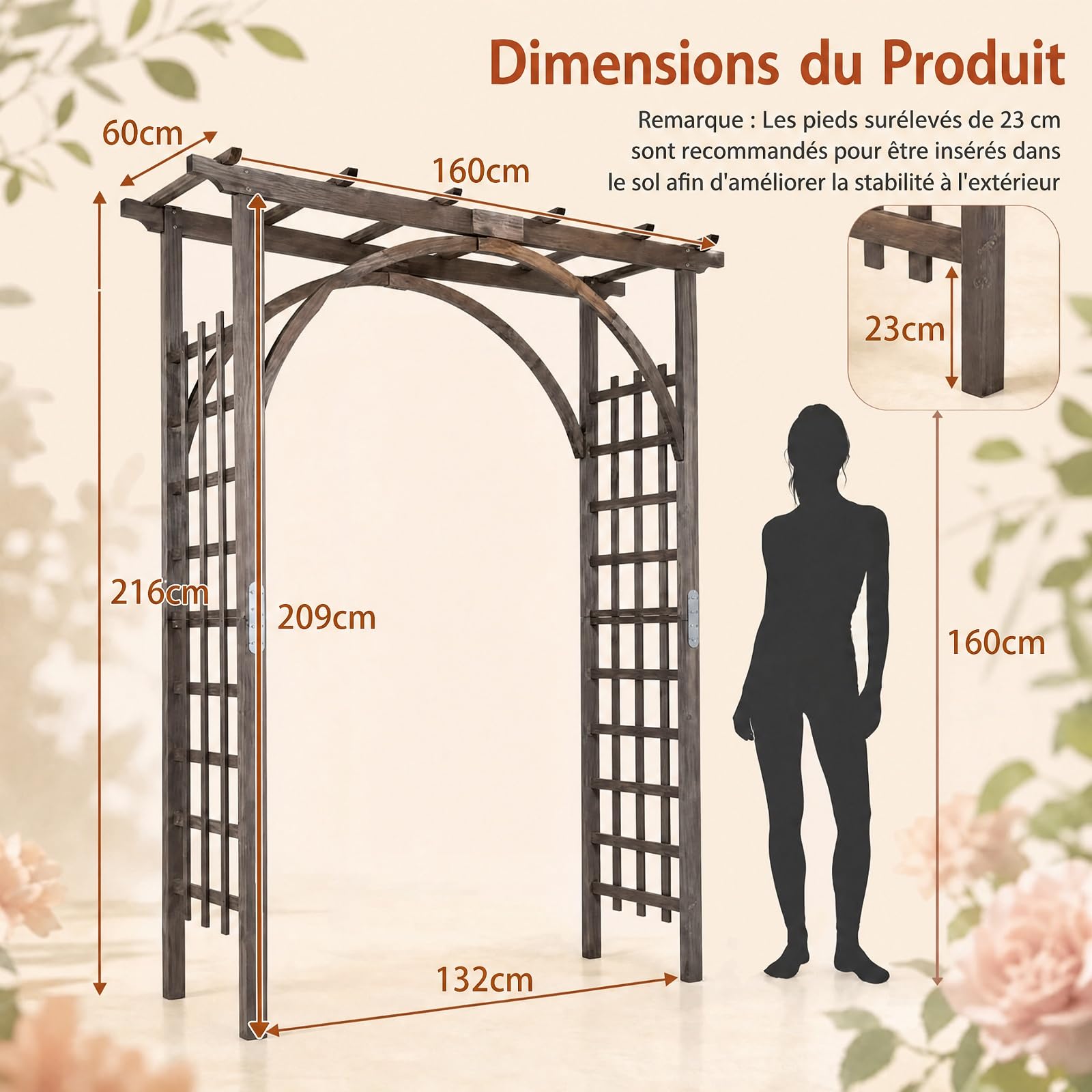 GYMAX Arche de Jardin en Bois pour Roses, Support pour Plantes Grimpantes | Arceau Décorative Extérieure à Sommet Plat, Structure Renforcée, pour Mariage Fête Pelouse et Arrière-Cour, 160x60x216cm