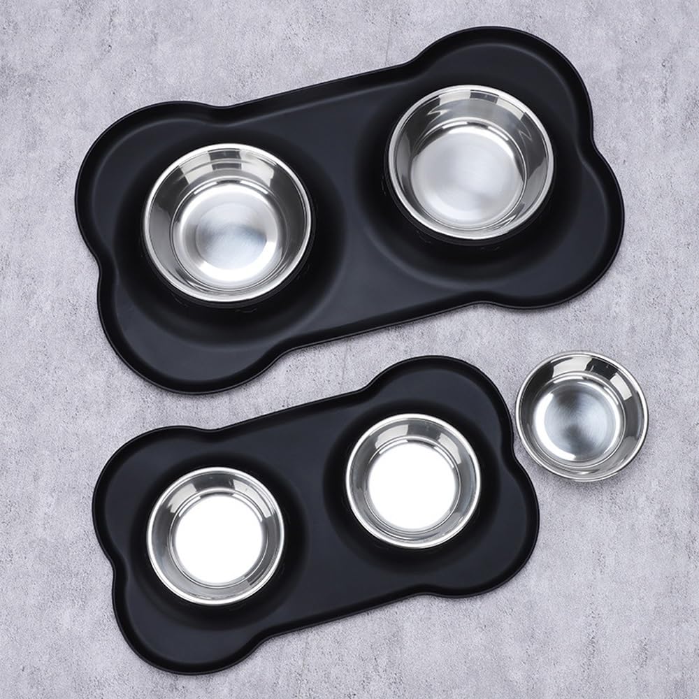 Futternapf-Set aus Edelstahl mit rutschfester Matte, perfekt für kleine, mittelgroße Welpen, Hunde und Katzen, kein Verschütten, Schwarz (Rosa, L)