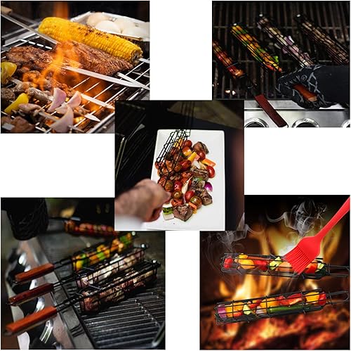 Miniatura 6 de Kabob - Juego de 6 cestas antiadherentes para parrilla y 6 brochetas de acero inoxidable, color naranja, 15.5 pulgadas, acero