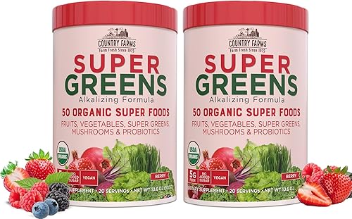 COUNTRY FARMS Super Greens sabor a bayas, 50 alimentos orgánicos, mezcla de bebidas USDA, multicolor, multicolor, 40 porciones, 21 onzas, paquete de