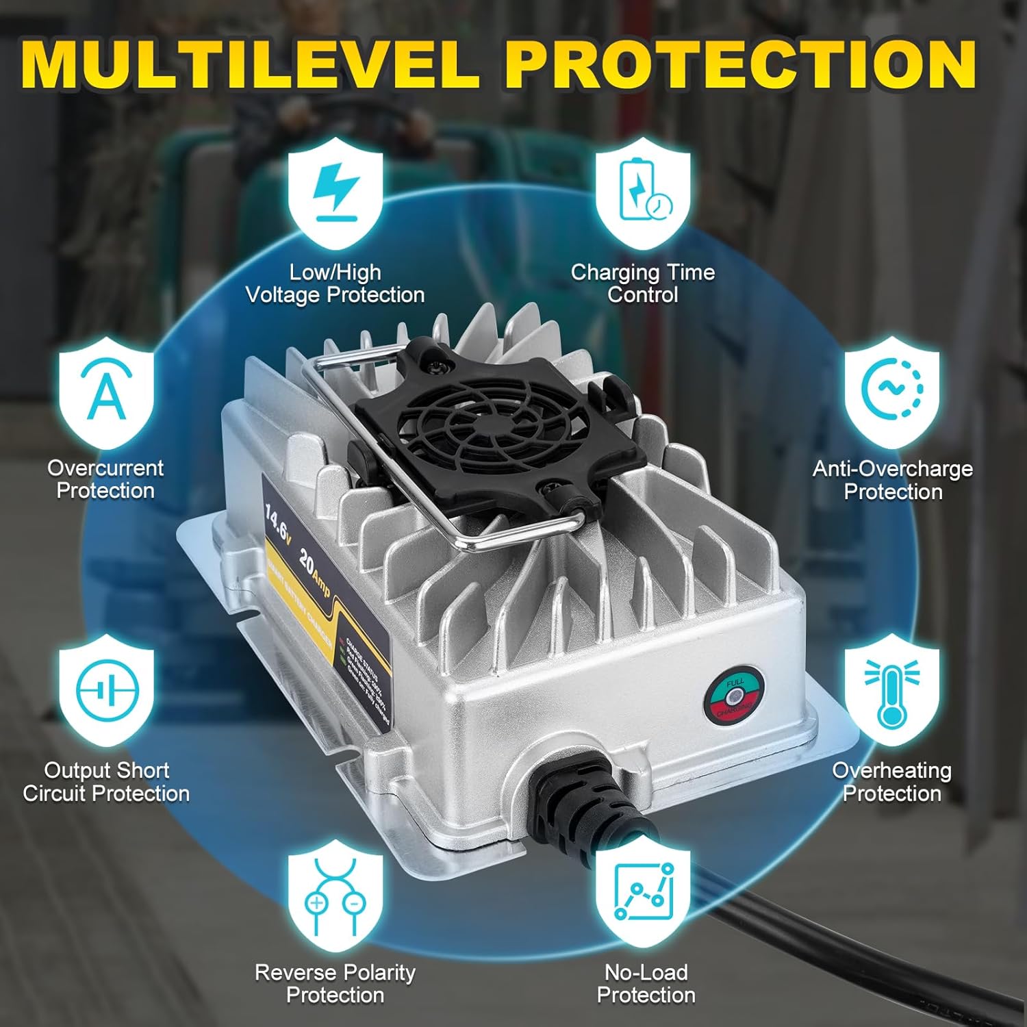 Upgraded 12V 20A Battery Charger Smart AC-DC 14.6V LiFePO4 Waterproof Battery Charger with Anderson Connector LED Indicator for Lithium LiFePO4 Deep Cycle Rechargeable Batteries of RV, Boat