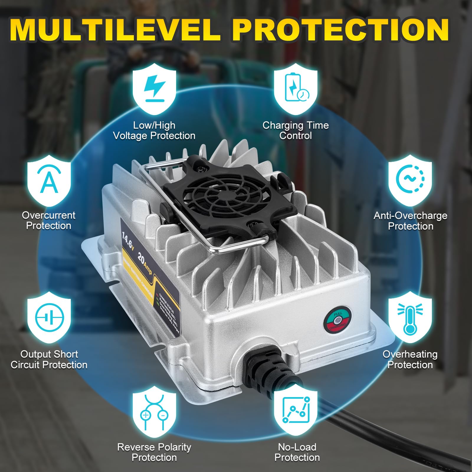 Aggiornato 14.6V 20A Caricabatteria Intelligente AC-DC LiFePO4 Impermeabile Caricabatteria con Connettore Anderson Indicatore LED per Litio LiFePO4 Deep Cycle Batterie ricaricabili di camper,