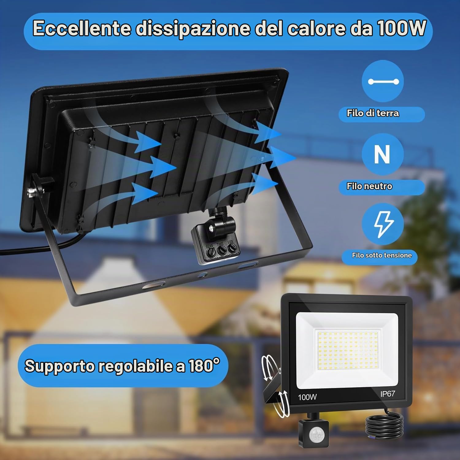 Faretto LED da Esterno 100W 10000LM 7000K con Sensore di Movimento, IP67 Impermeabile Super Luminoso Bianco Freddo Luce di Sicurezza per Garage, Cortile, Patio