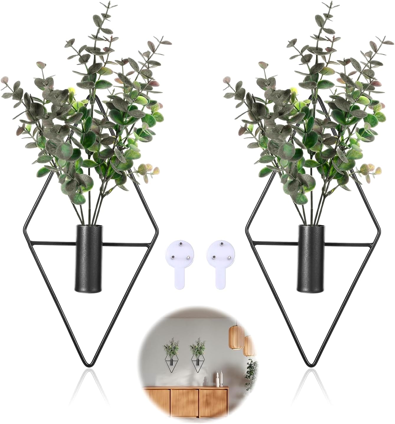 2Pcs Hanging Planters with Artificial Eucalyptus Metal Hanging Vase,Indoor Plant…