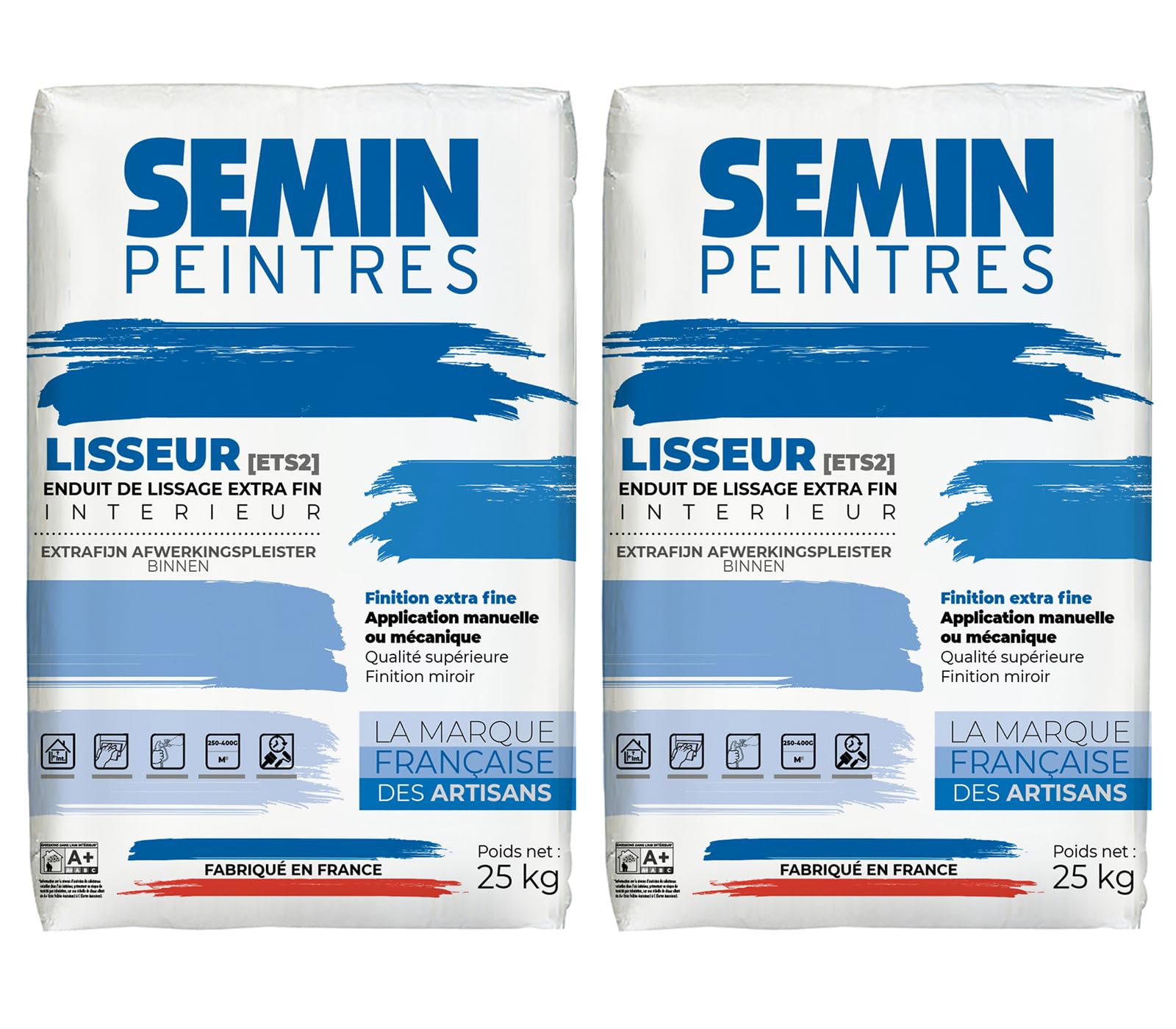 Enduit de Lissage Semin Lisseur ETS2, Intérieur, Poudre, sac de 25 kg, Lot de 2