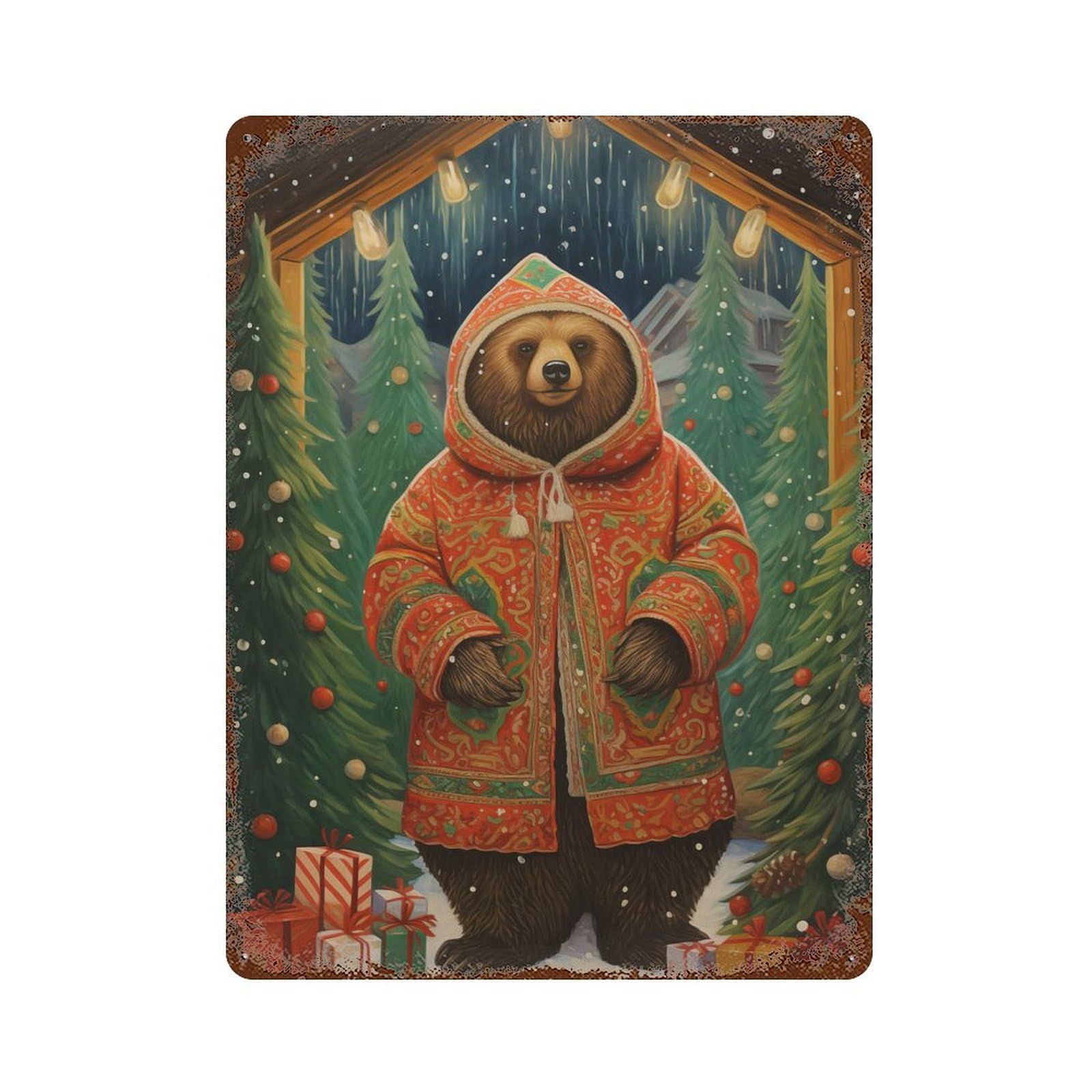 Classic Xmas Bear Aged Metal Wall Plaque 15.7"x11.8", for Shed, Workshop And Garage Wall Decor, Old School Wall Decor