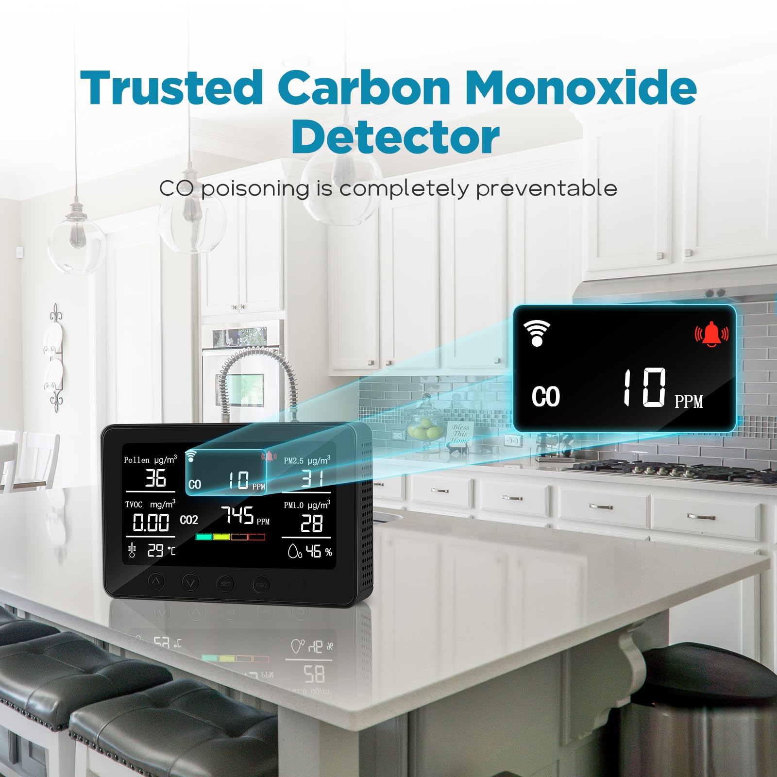 CF-30 Monitor de calidad del aire para interiores para polen, CO2, PM2.5, PM1.0, TVOC, temperatura, humedad, contaminación del aire con pantalla LCD grande, APP para configuración e historial