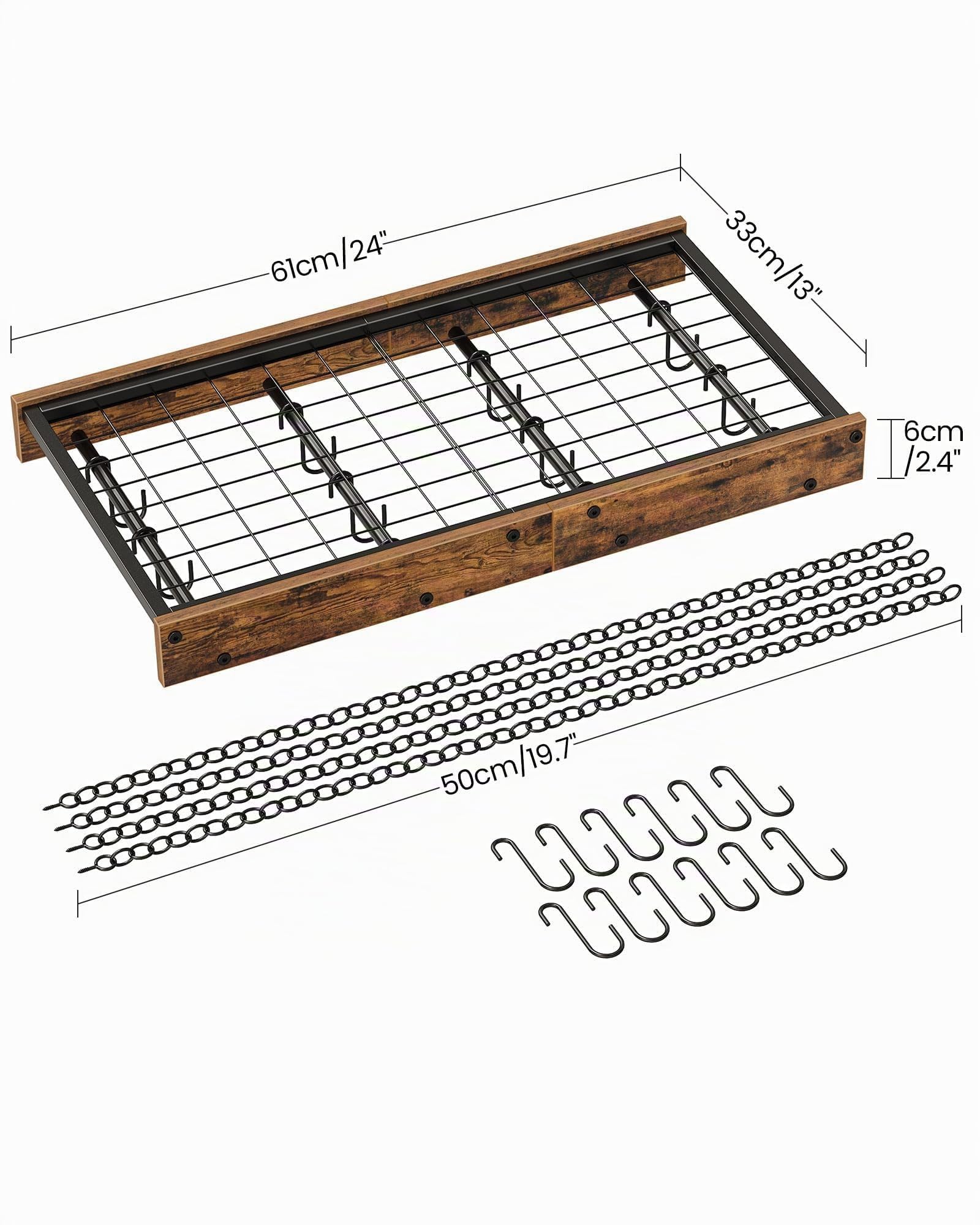 CHOEZON Porte-casseroles Suspendu 61 cm, Support à Poêle Suspendu au Plafond, Étagère de Cuisine, 12 Crochets, Rangement des Ustensiles, Gain de Place, Noir et Marron Rustique DTPR01BF