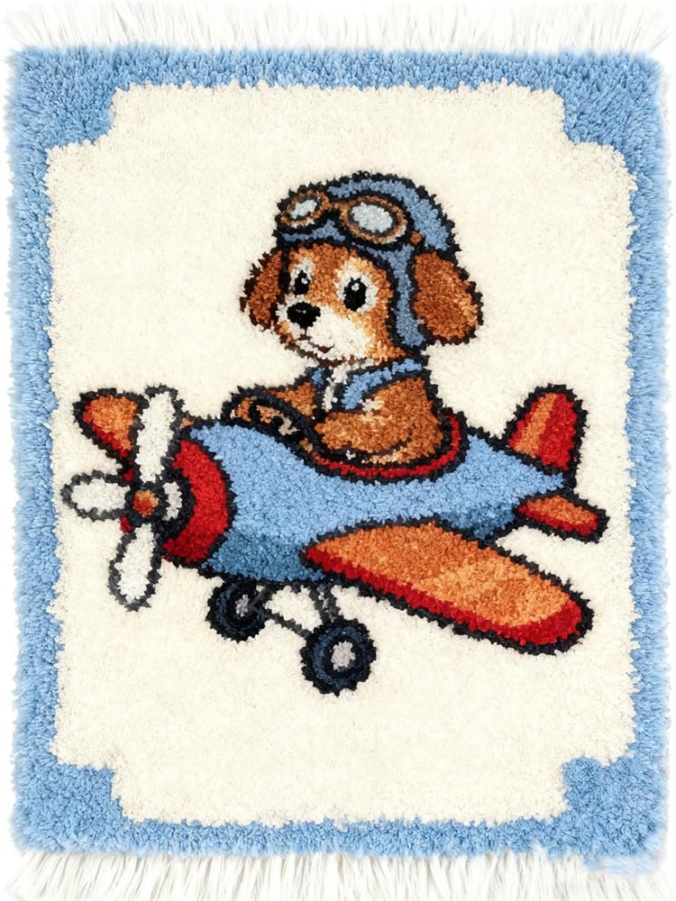 Kitquiver Latch Hook Rug Kit For Adults Dogs And Airplanes 15X20in/52X38cm Diy Craft Rug Making Kit Set Tapestry Cushion Knitting Patterns Printed Mesh Mat Canvas Wool Yarn Fabric Decoration