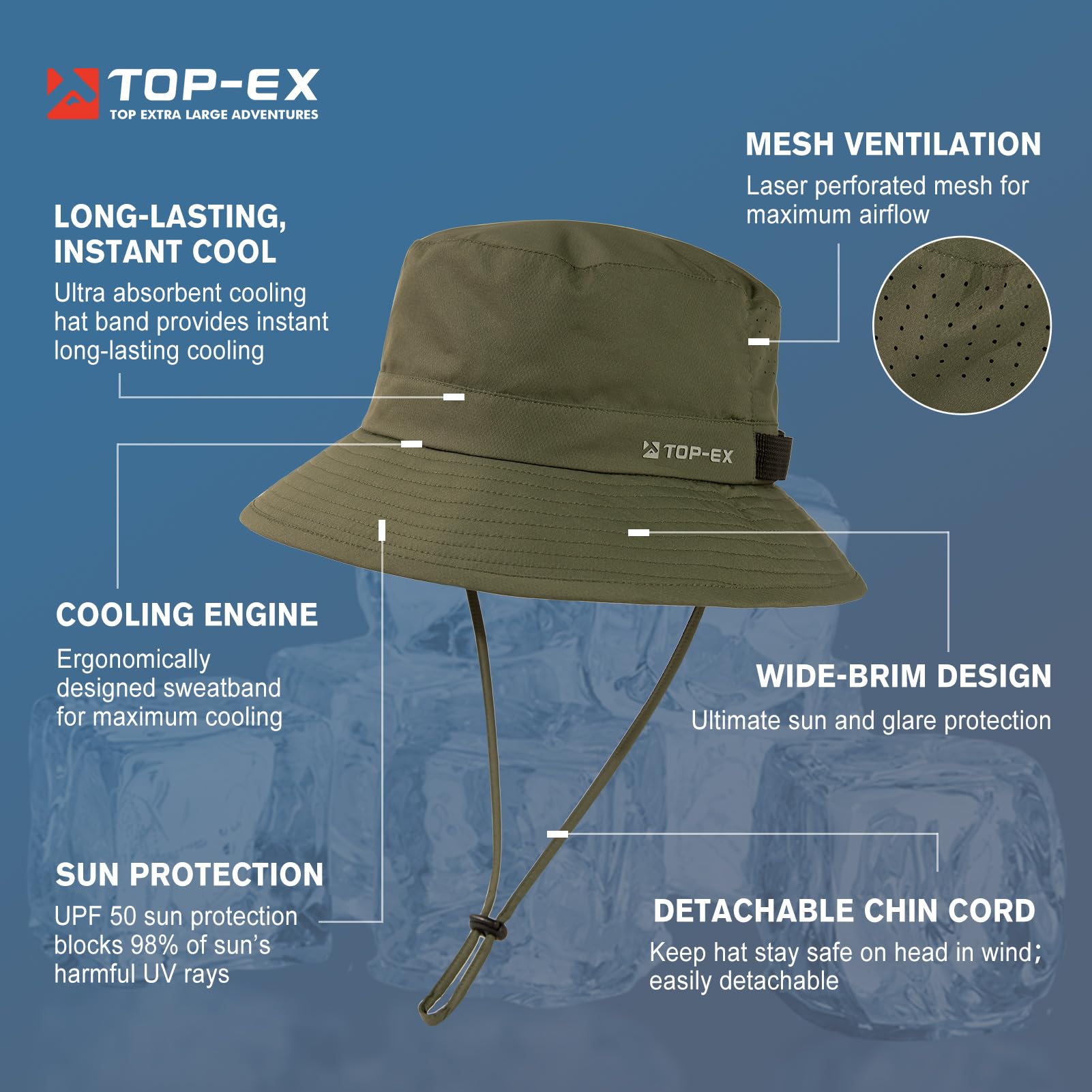 TOP-EX Sombrero de pescador refrescante para hombre, transpirable, protección UV, sombrero de sol para mujer, sombrero de verano al aire libre con ala ancha, sombrero de safari plegable