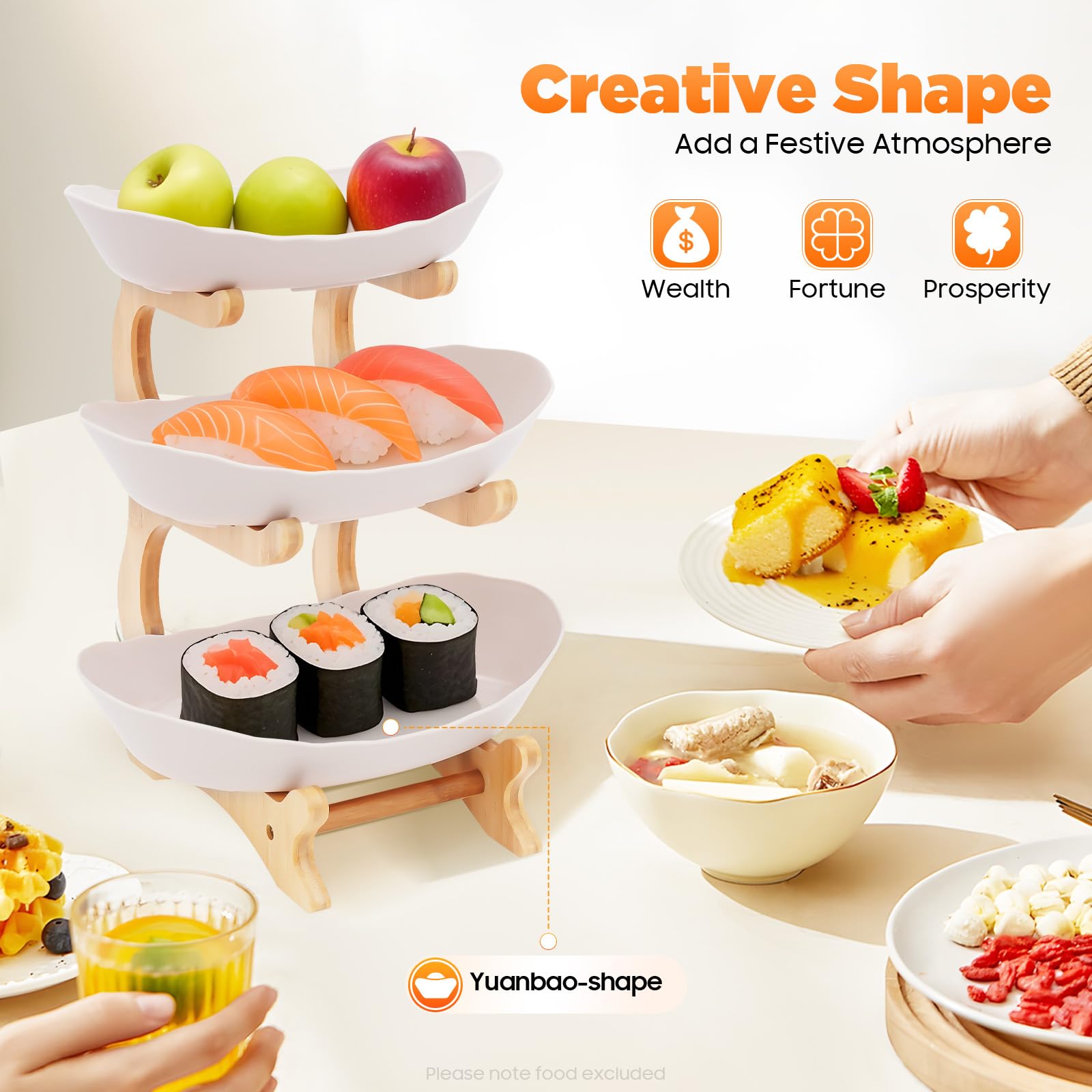 Présentoir à fruits à 3 étages | Bol à fruits en céramique et porcelaine | Assiette à fruits ovale en bambou naturel | Support ovale en bois de bambou naturel | Présentoir à tarte - Plateau à