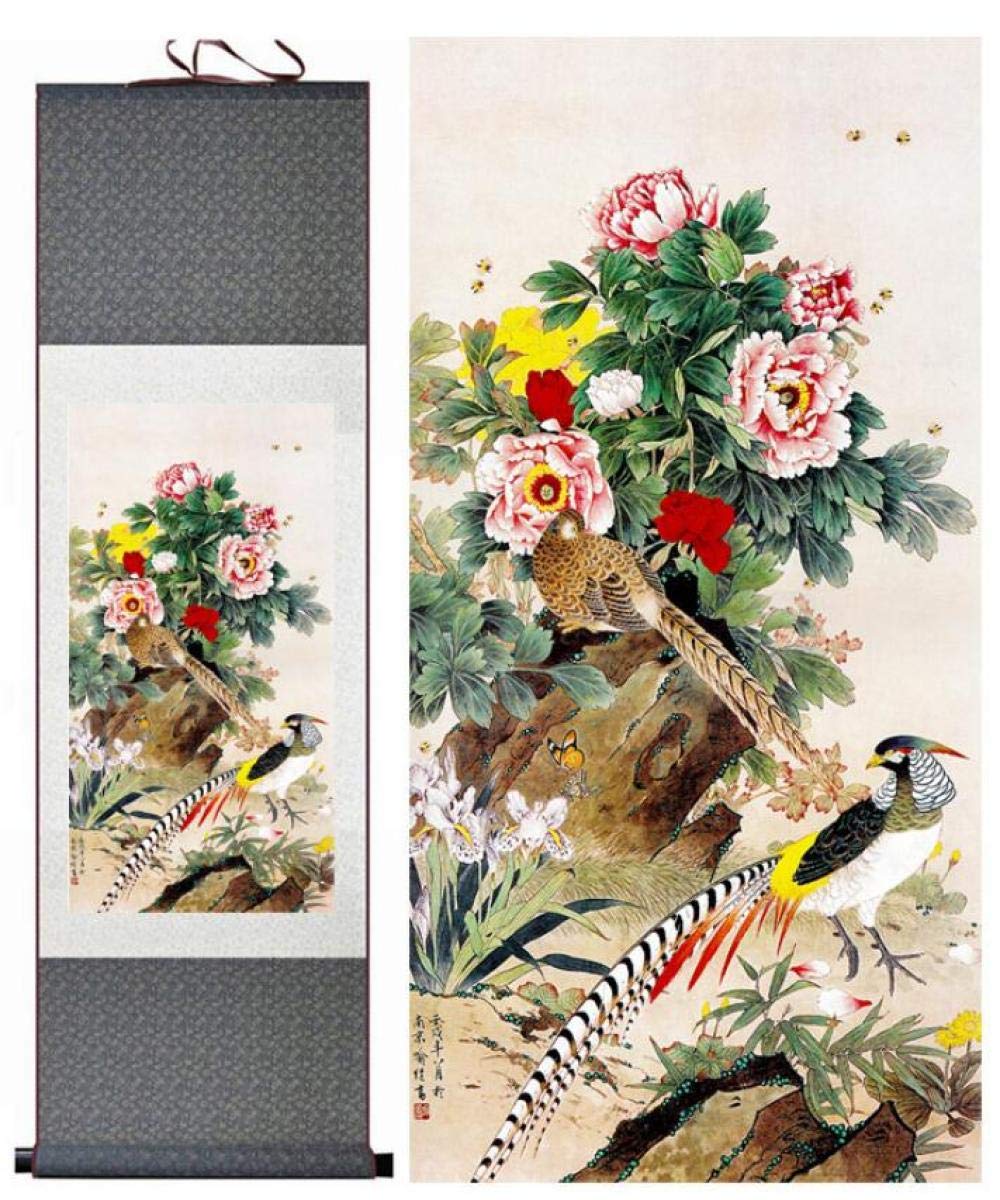 Amazon | 鳥と花の絵シルクスクロールの絵伝統的な鳥と花の絵