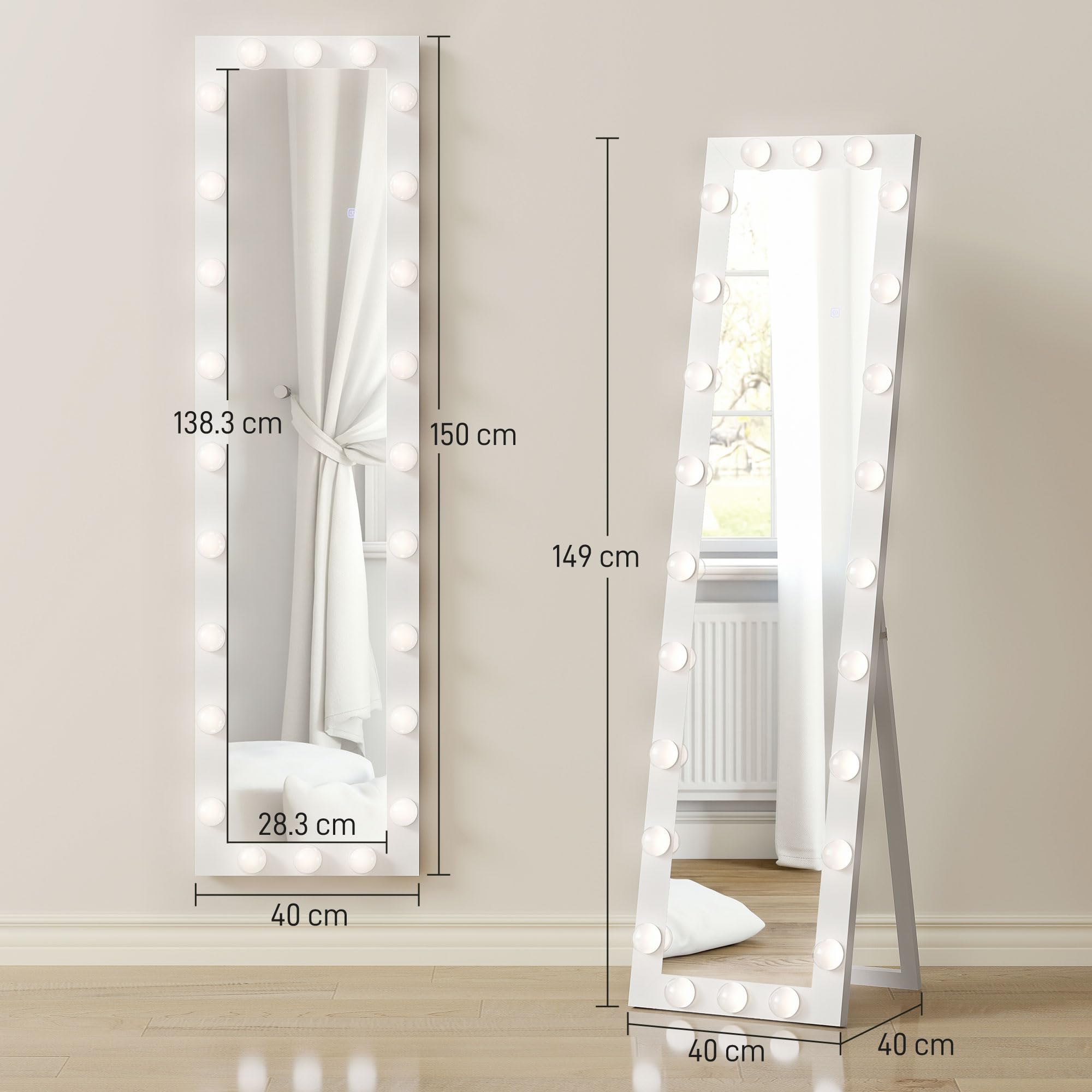 HOMCOM Specchio a figura intera 150 x 40 cm Specchio a LED con 24 lampadine 3 colori di luce dimmerabili Specchio da parete con interruttore a sfioramento, funzione memoria specchio reclinabile per