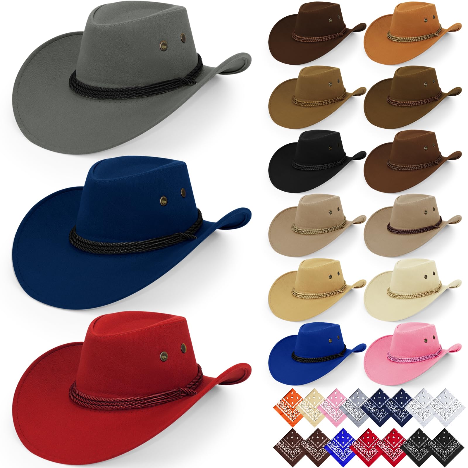 Lot de 15 Chapeaux de Cowboy et 15 Bandanas à Motif Paisley, Chapeaux de Cowgirl Western pour Femme et Homme, Déguisement pour Fête, Carnaval, Soirée à Thème