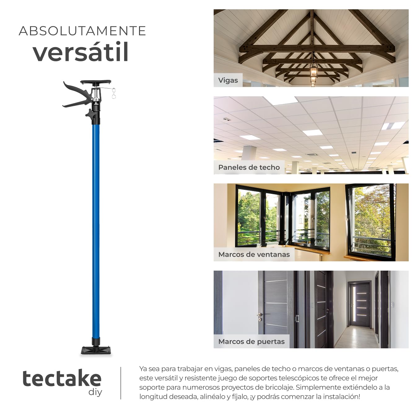tectake® Juego de Tensores para Puerta, Puntales de Obra Ajustables, Puntal Telescopico Extensible, Puntales Extensibles, Varilla Telescopica, Poste Telescopico Extensible - Juego de 4 Azul