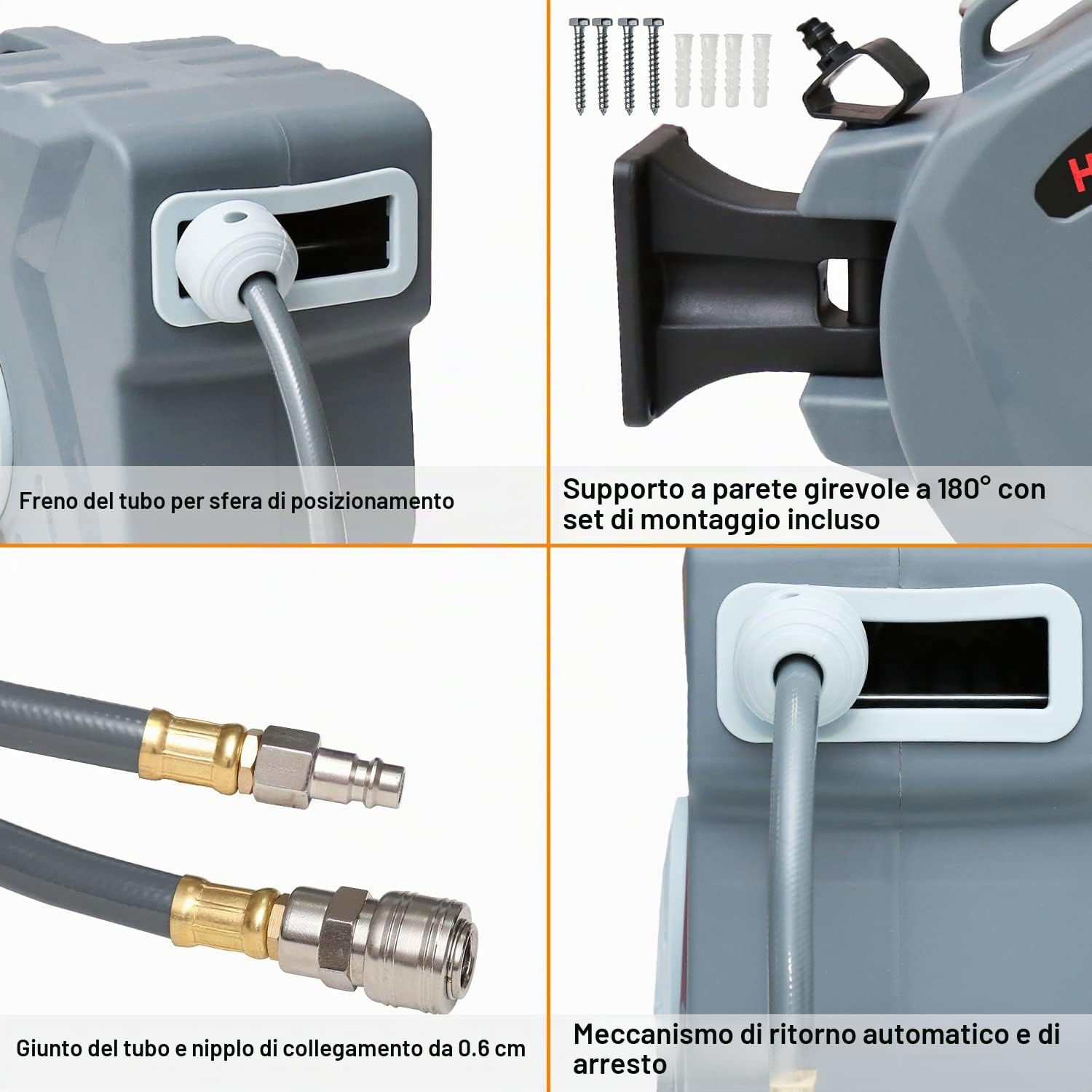 Lospitch - Avvolgitubo automatico ad aria compressa, 20 m, tubo in polivinilcloruro (PVC), supporto per tubo da parete, avvolgitubo da 6 mm