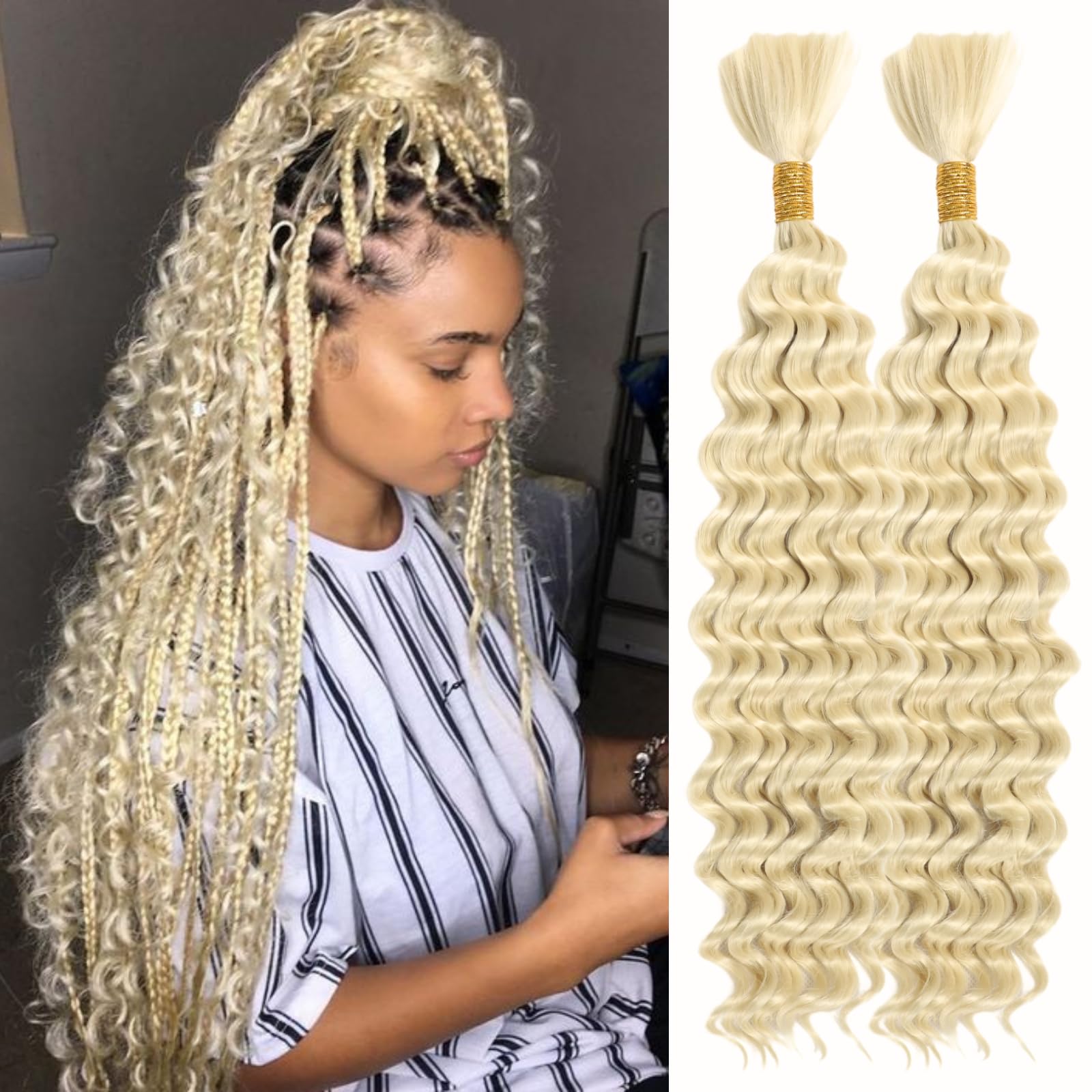 FCHLHFC Deep Wave Bulk Hair For Braiding 24inch 160g Wet And Wavy Synthetic Hair Extensions For Boho Braids (2 Bundles/Pack 613#)