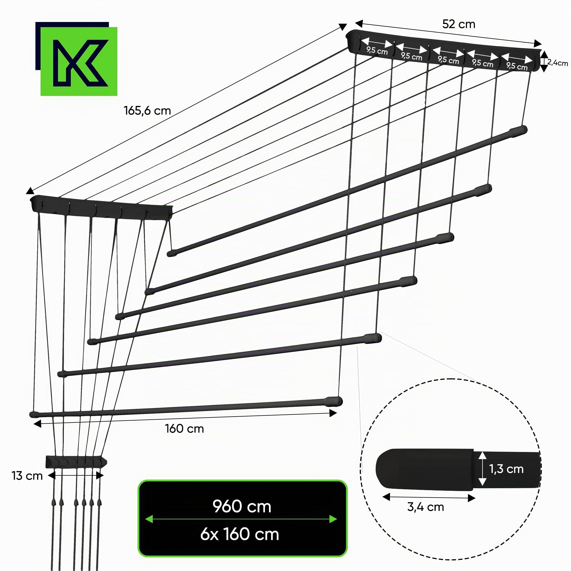 KADAX Stendibiancheria da Soffitto in Acciaio Rivestito in Polietilene, Stendino con Design Salvaspazio e Capacità di Carico di 12 kg (Nero, 6 x 160)