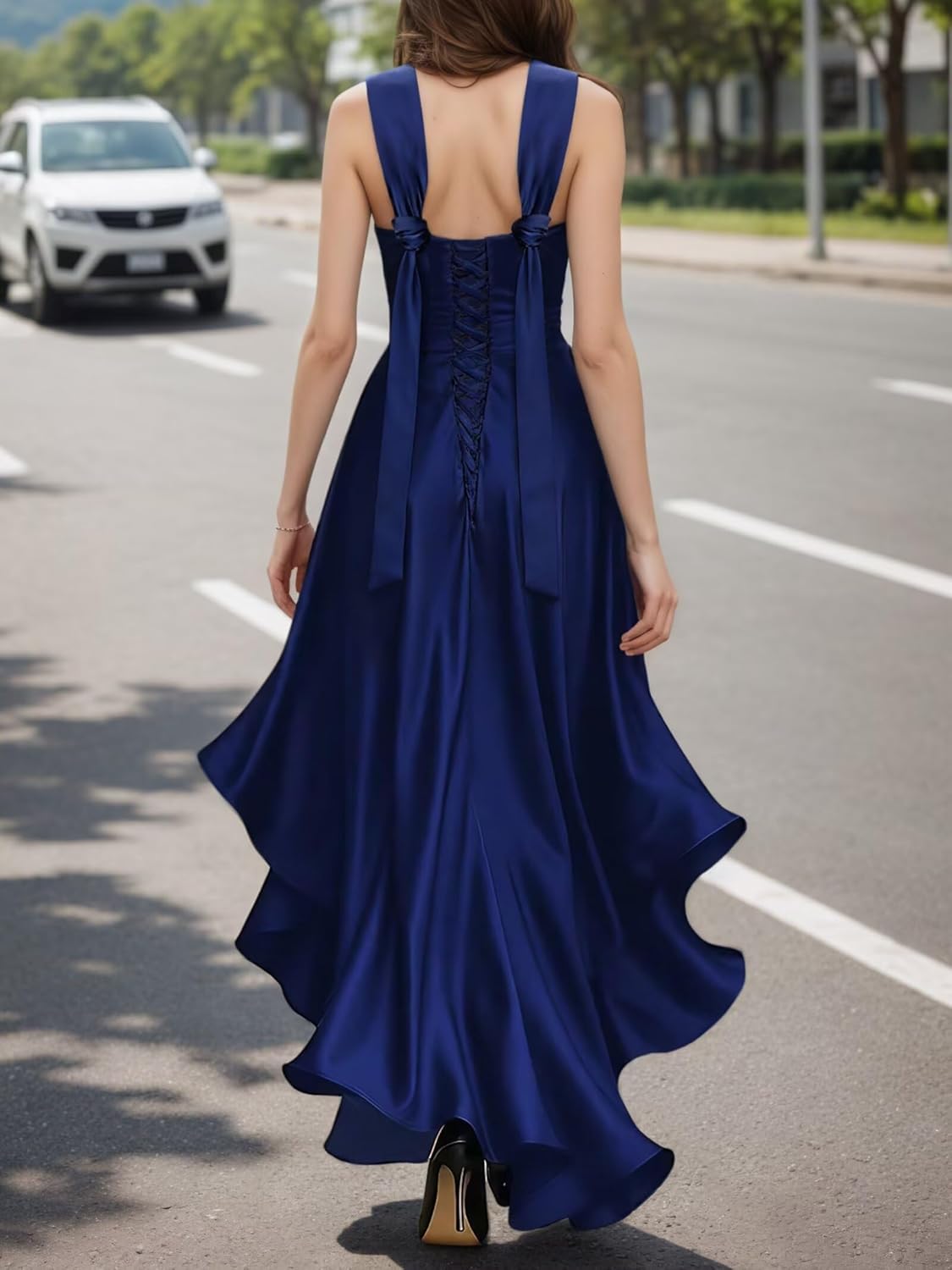 High Low Prom Dresses for Women Elegant V-Neck Halter 2025 A-Line Pleated Satin Party Gowns Tie Waist JA0318 - Image 6